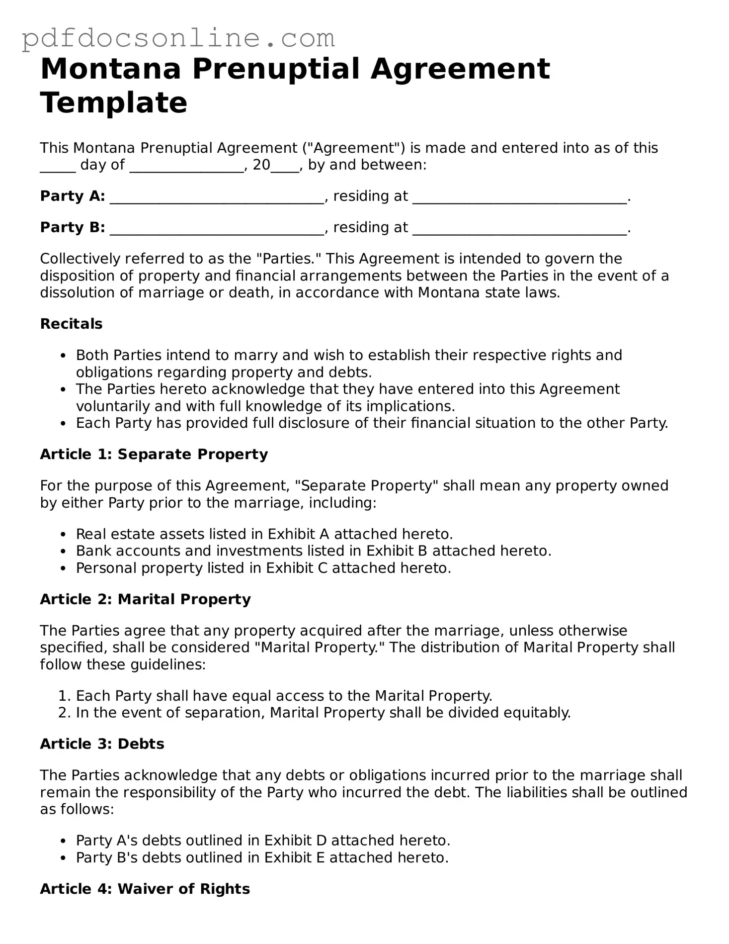 Attorney-Verified  Prenuptial Agreement Form for Montana