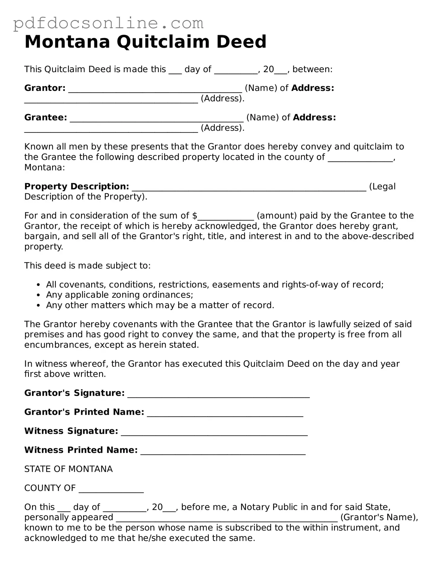 Attorney-Verified  Quitclaim Deed Form for Montana