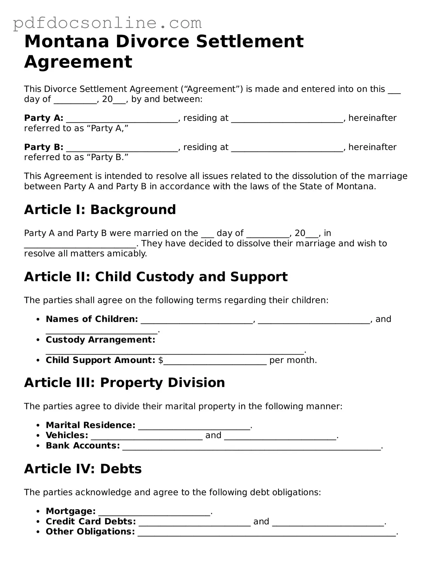 Attorney-Verified  Divorce Settlement Agreement Form for Montana