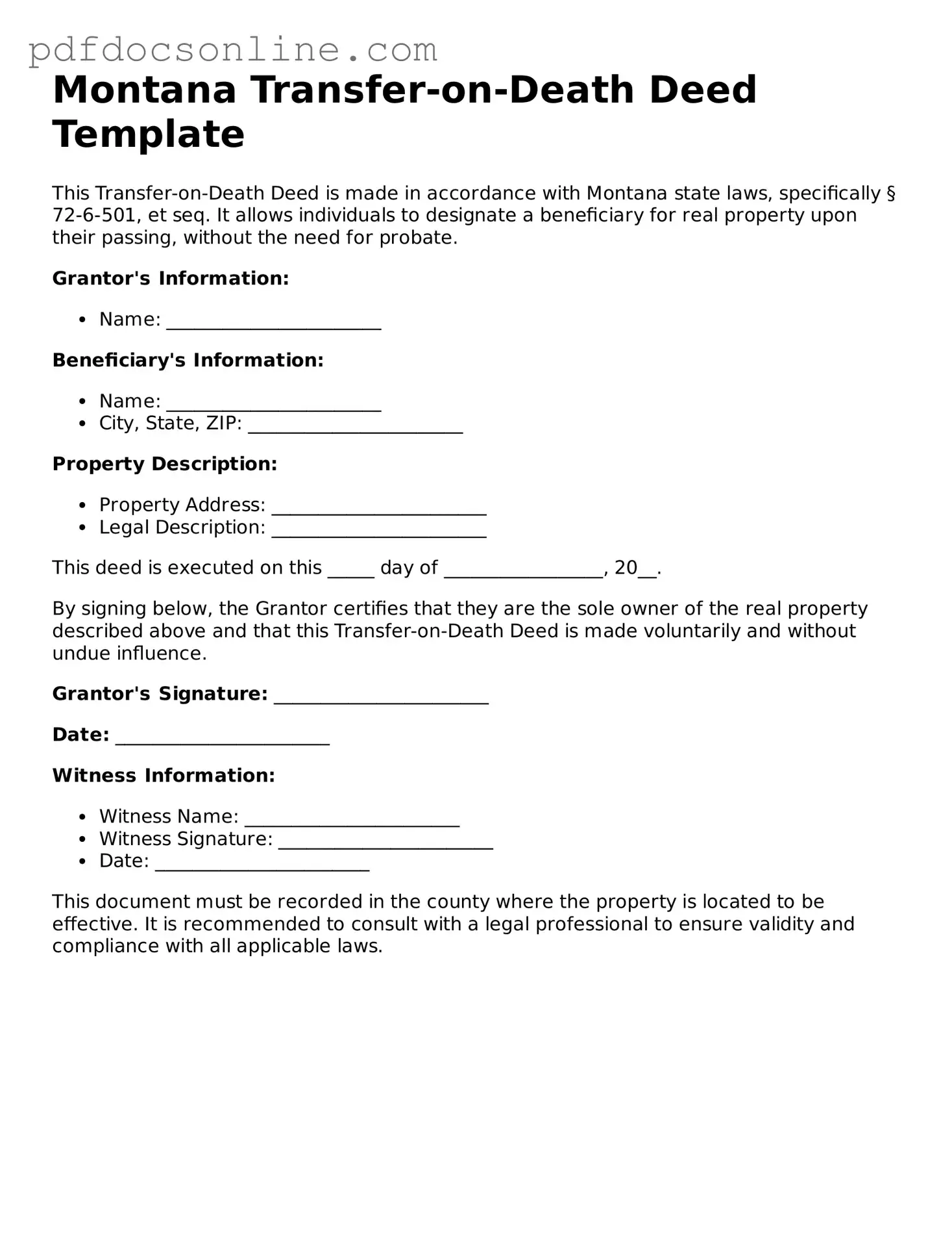 Attorney-Verified  Transfer-on-Death Deed Form for Montana