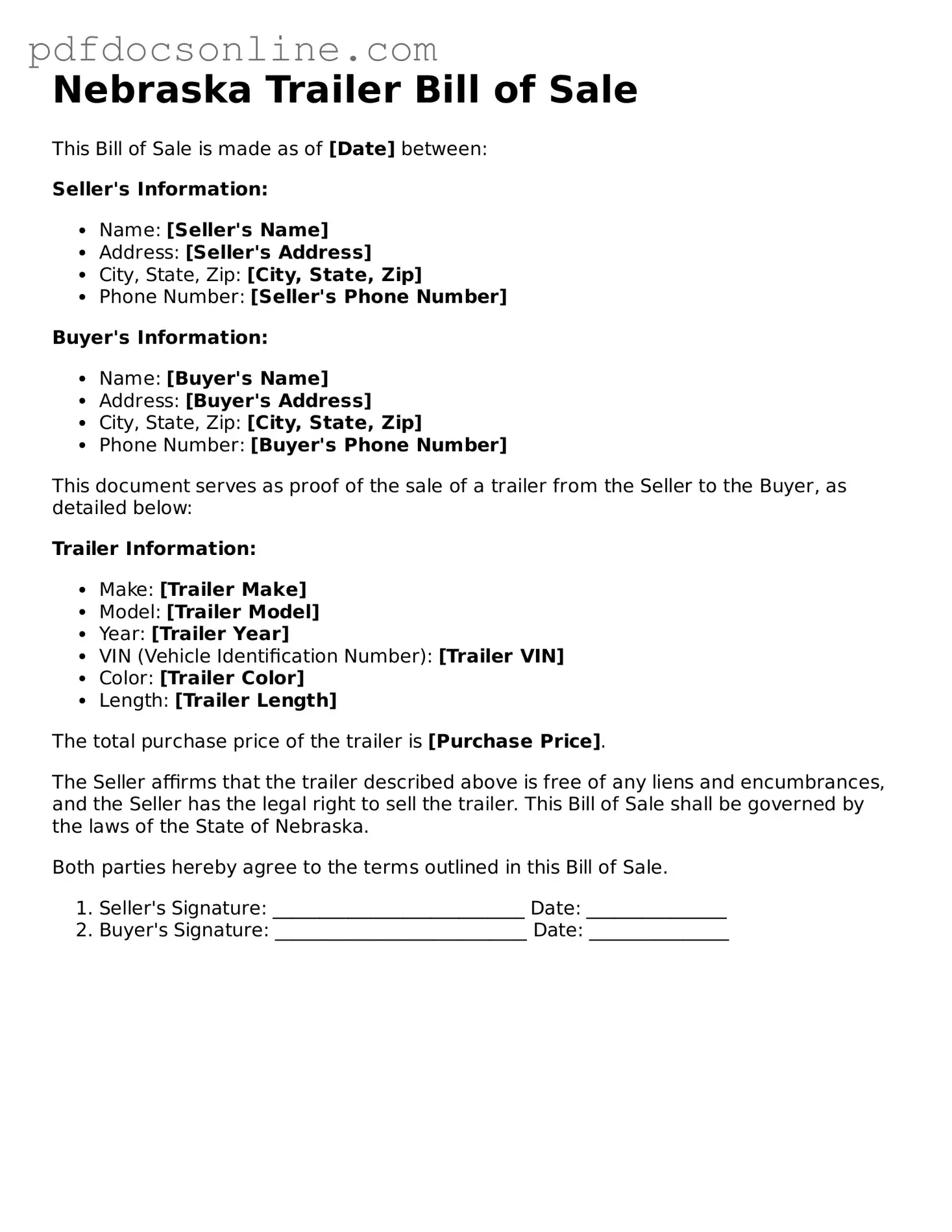 Attorney-Verified  Trailer Bill of Sale Form for Nebraska