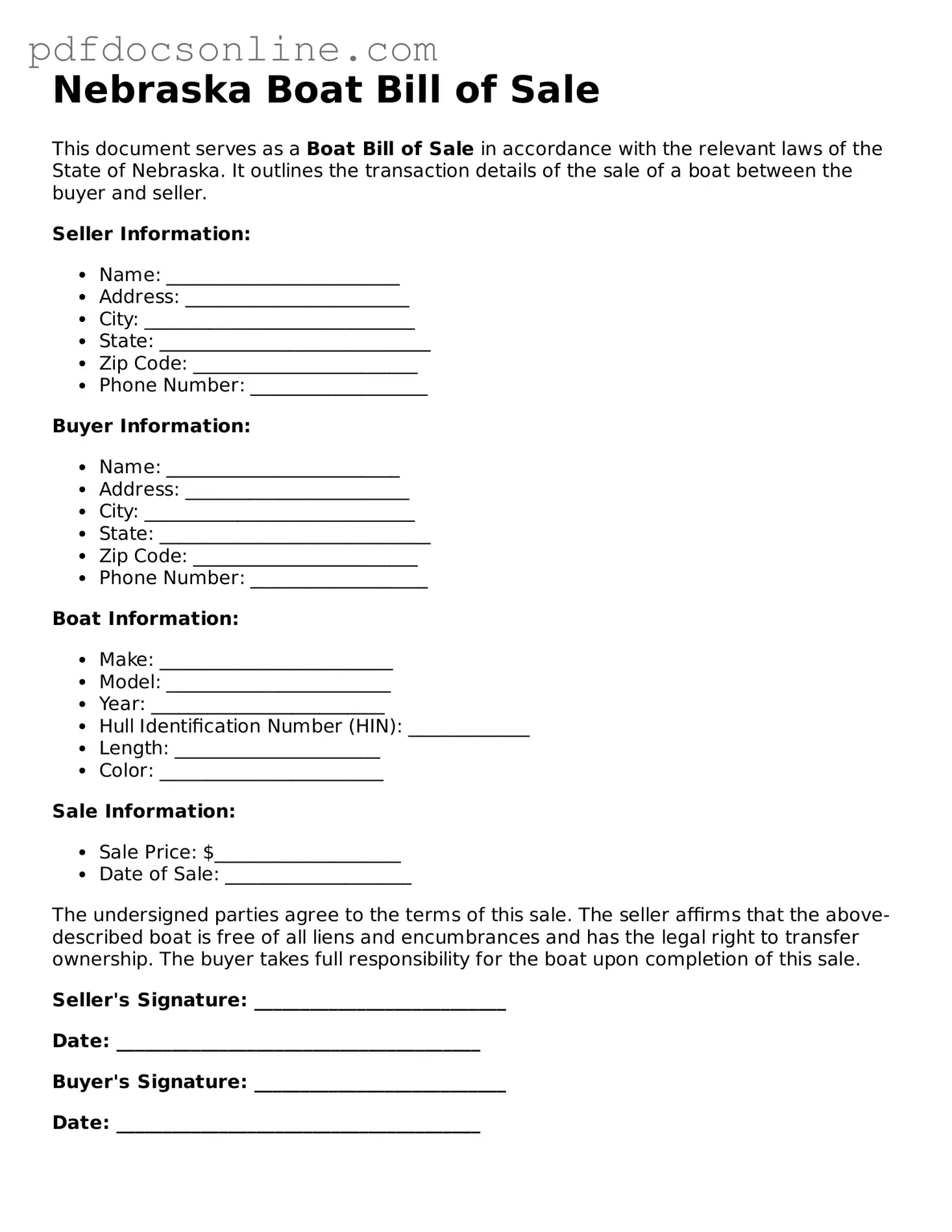 Attorney-Verified  Boat Bill of Sale Form for Nebraska