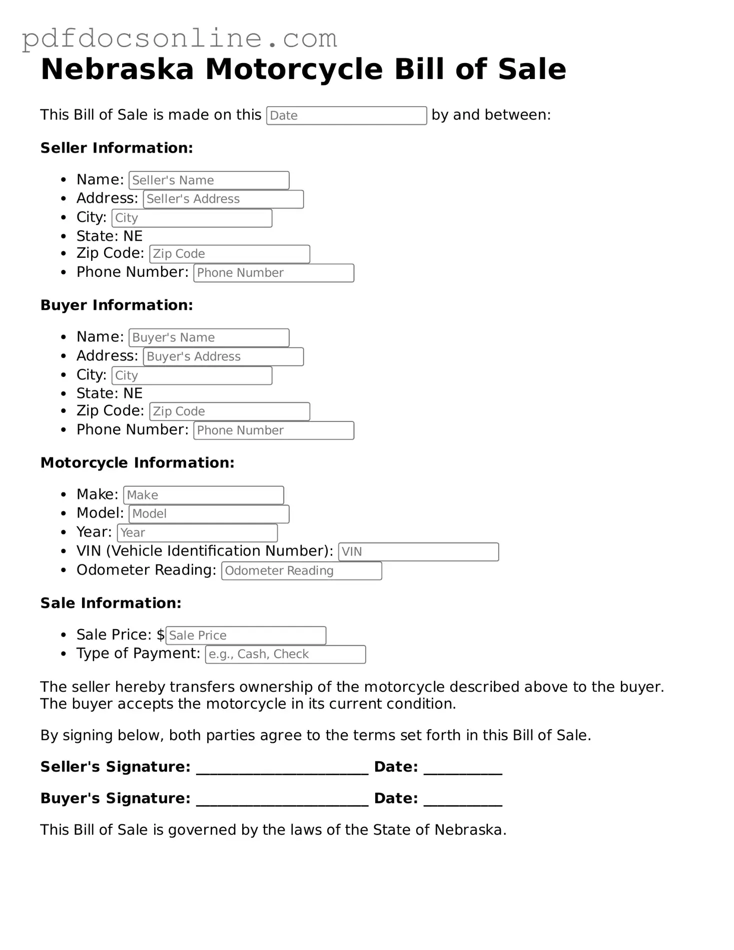 Attorney-Verified  Motorcycle Bill of Sale Form for Nebraska