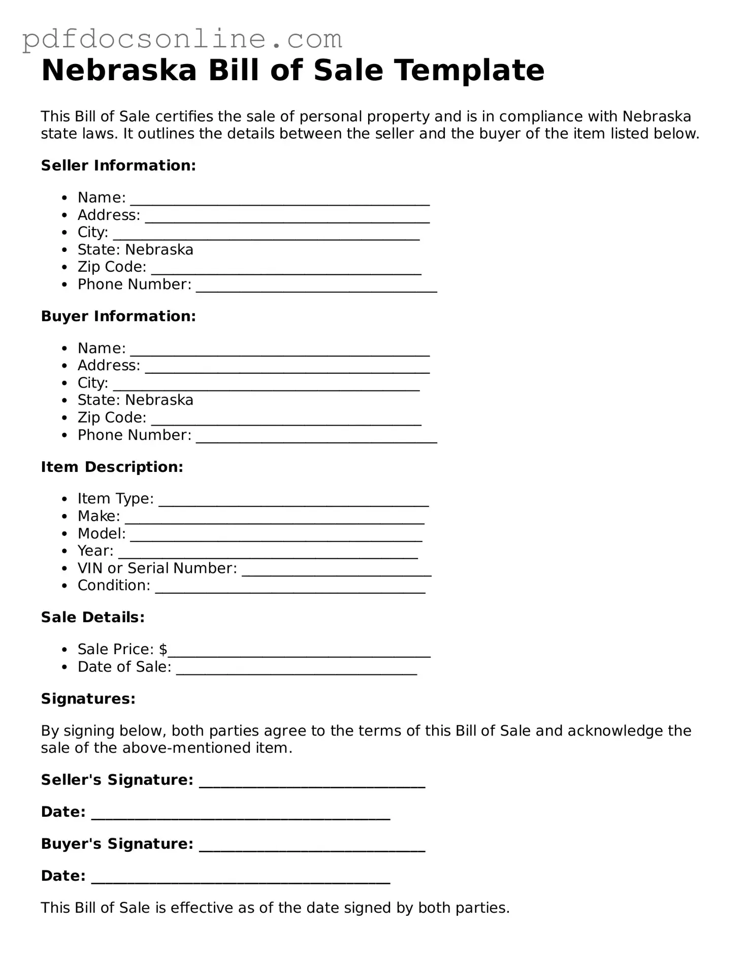 Attorney-Verified  Bill of Sale Form for Nebraska