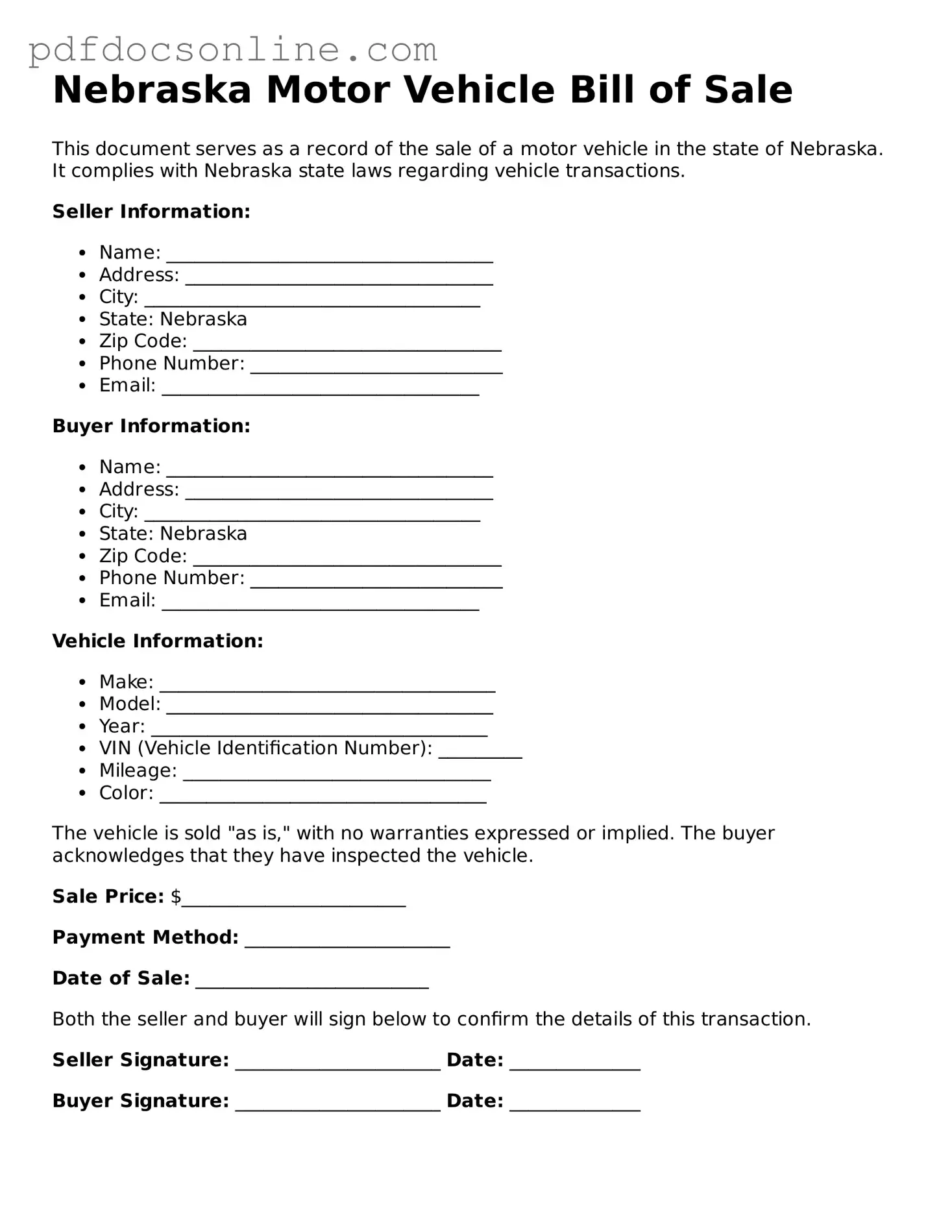 Attorney-Verified  Motor Vehicle Bill of Sale Form for Nebraska