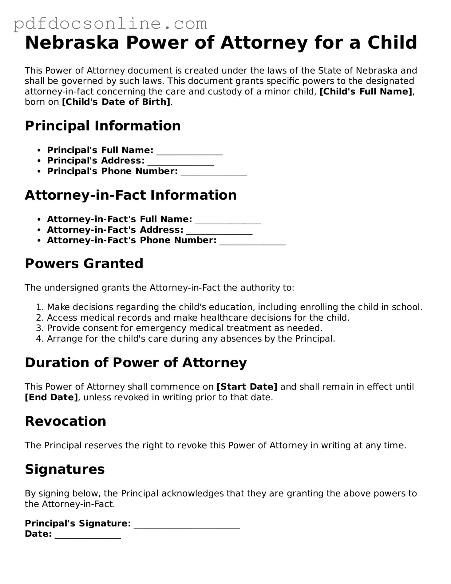 Attorney-Verified  Power of Attorney for a Child Form for Nebraska