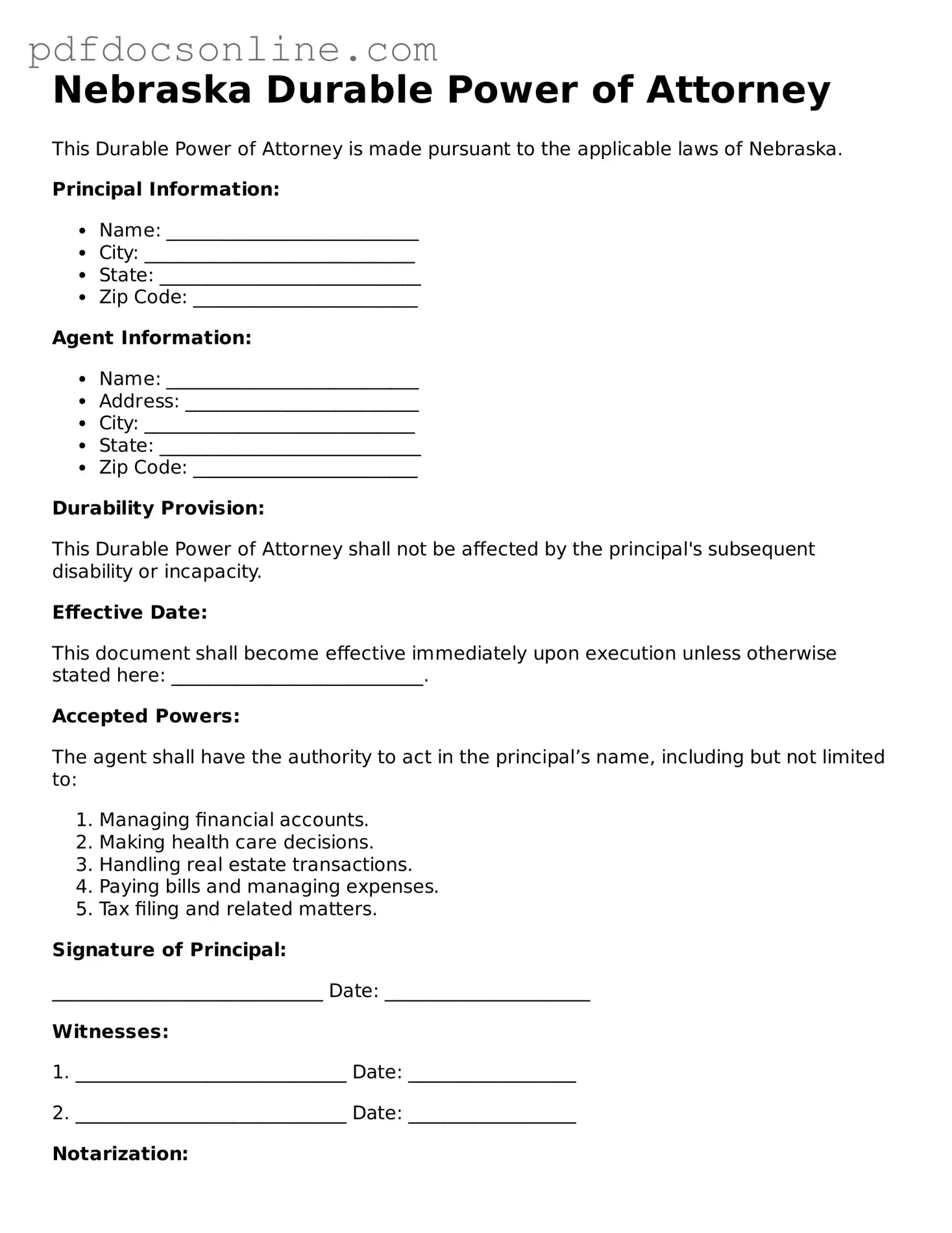 Attorney-Verified  Durable Power of Attorney Form for Nebraska