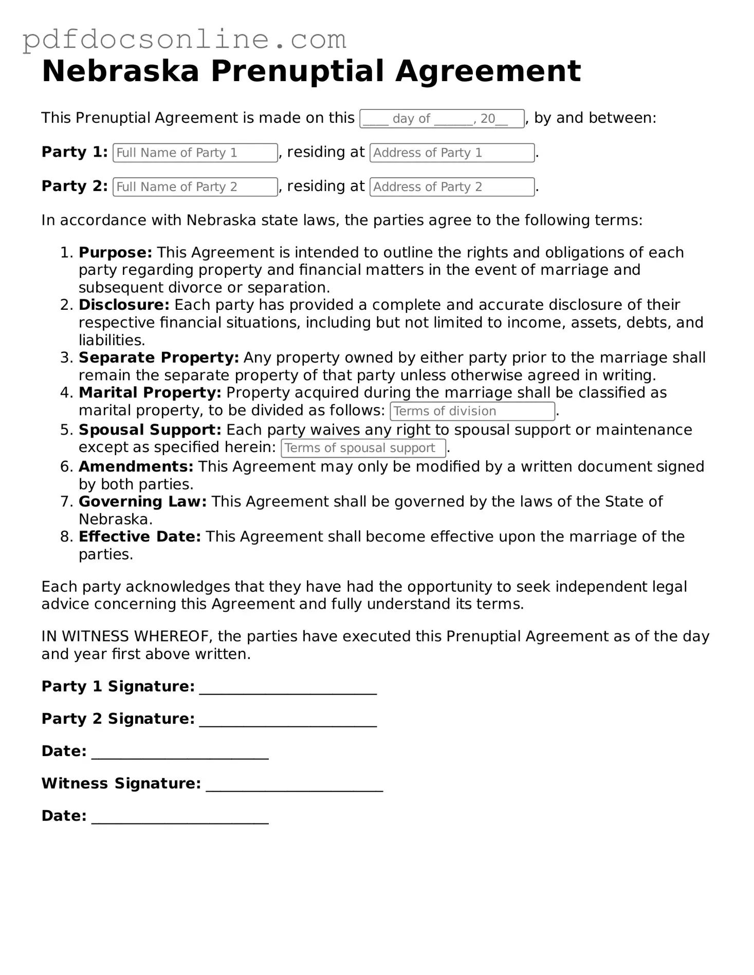 Attorney-Verified  Prenuptial Agreement Form for Nebraska