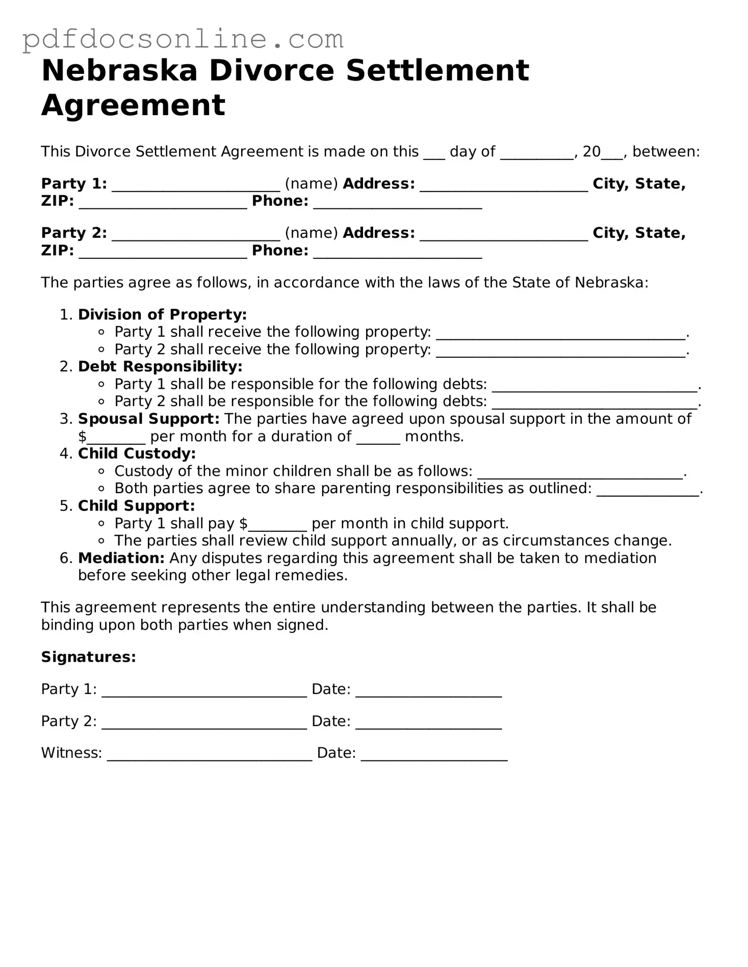 Attorney-Verified  Divorce Settlement Agreement Form for Nebraska