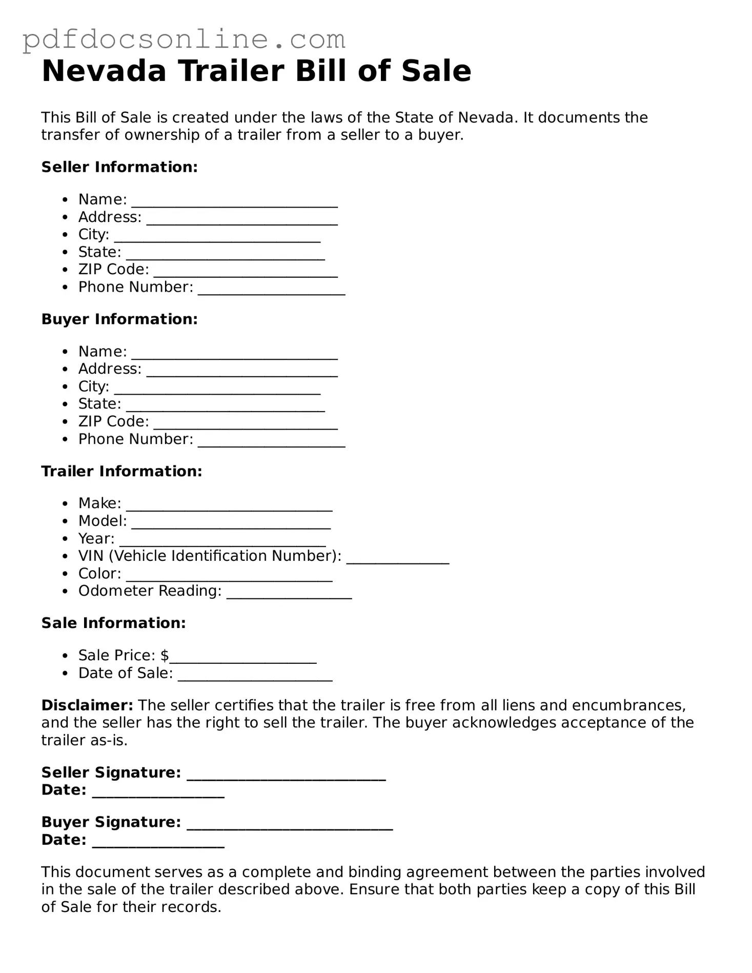 Attorney-Verified  Trailer Bill of Sale Form for Nevada