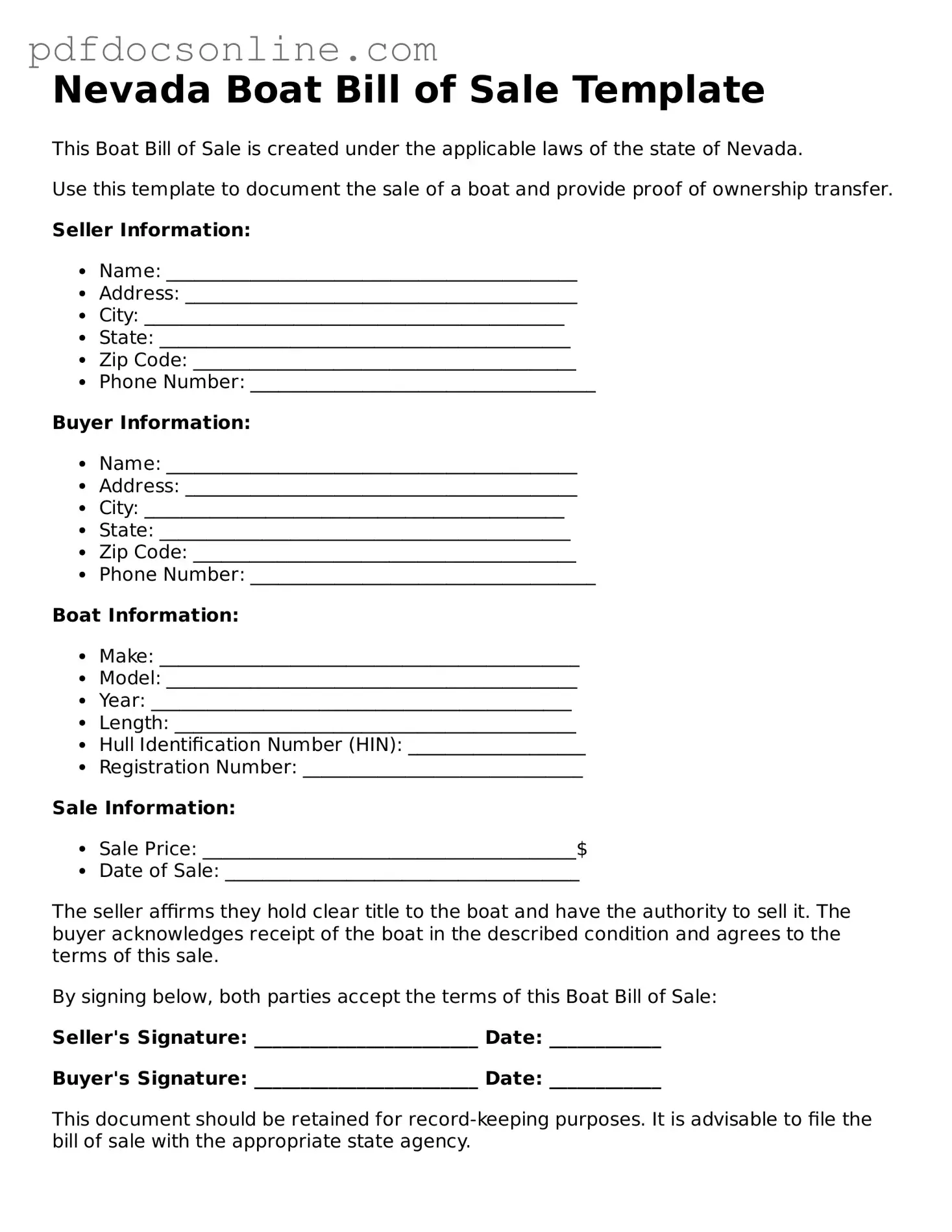 Attorney-Verified  Boat Bill of Sale Form for Nevada