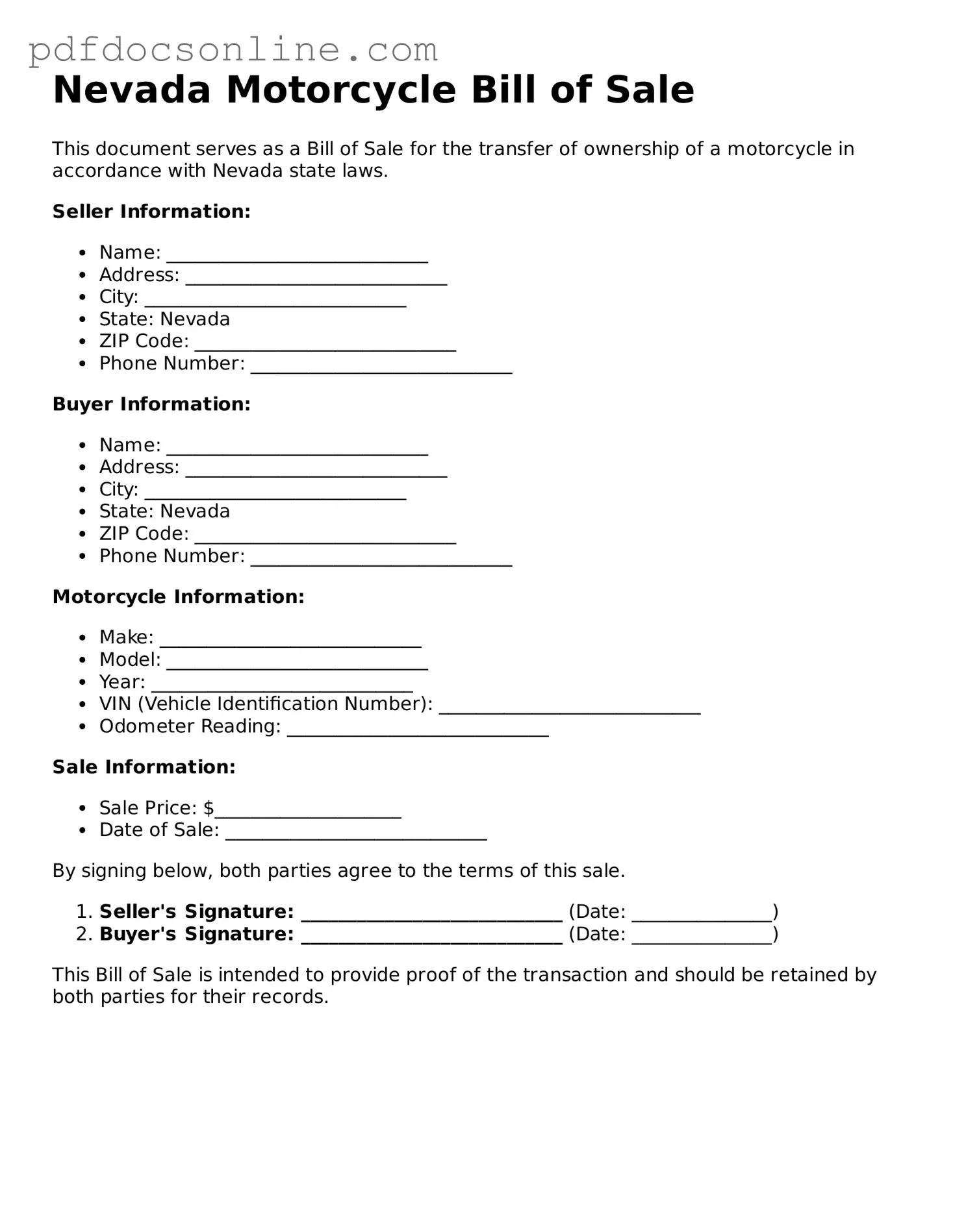 Attorney-Verified  Motorcycle Bill of Sale Form for Nevada