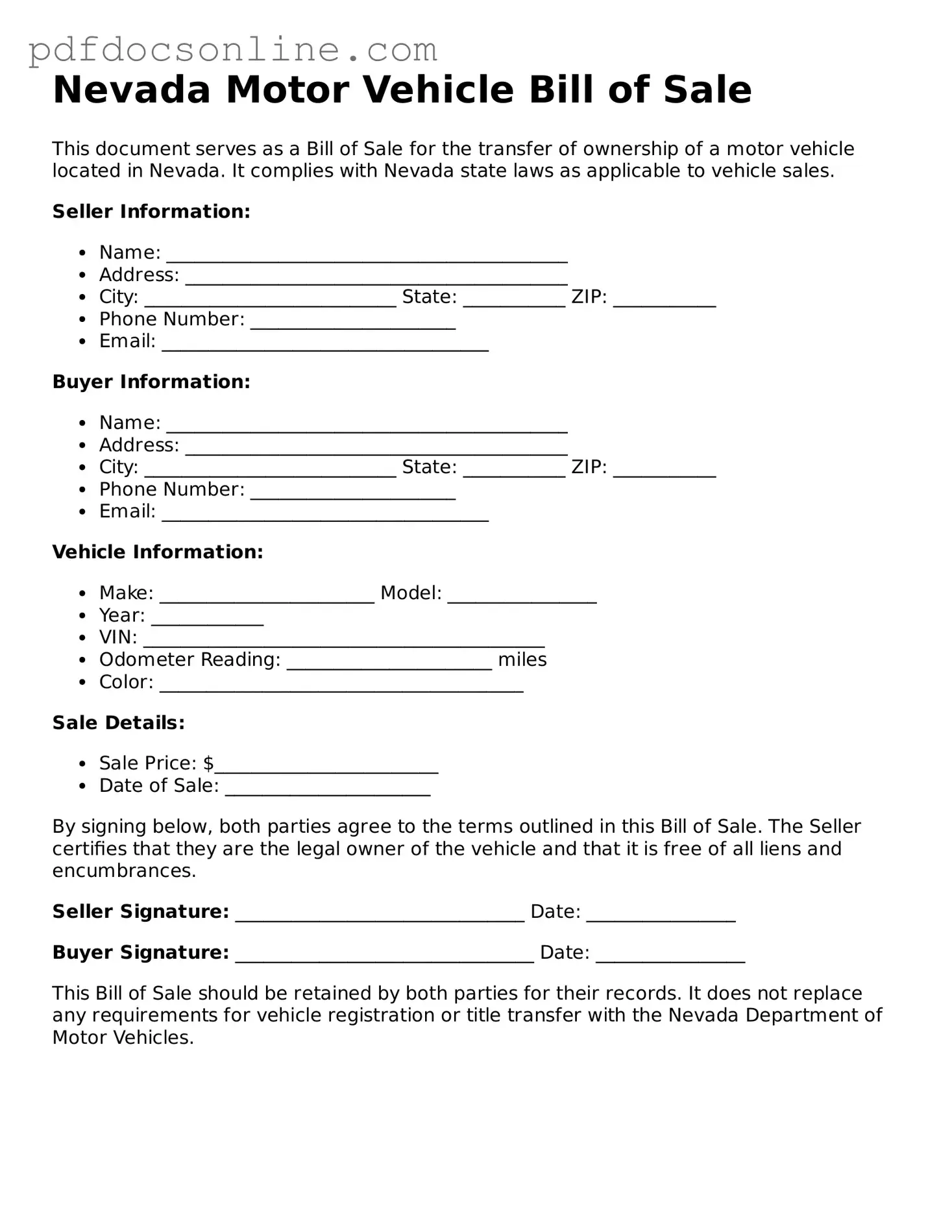Attorney-Verified  Motor Vehicle Bill of Sale Form for Nevada