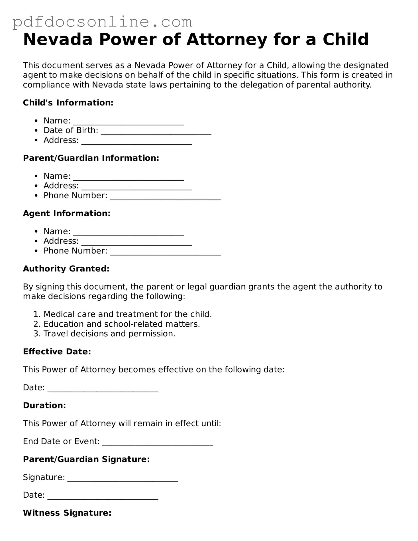 Attorney-Verified  Power of Attorney for a Child Form for Nevada