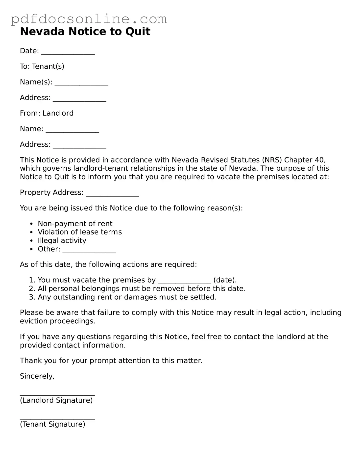 Attorney-Verified  Notice to Quit Form for Nevada
