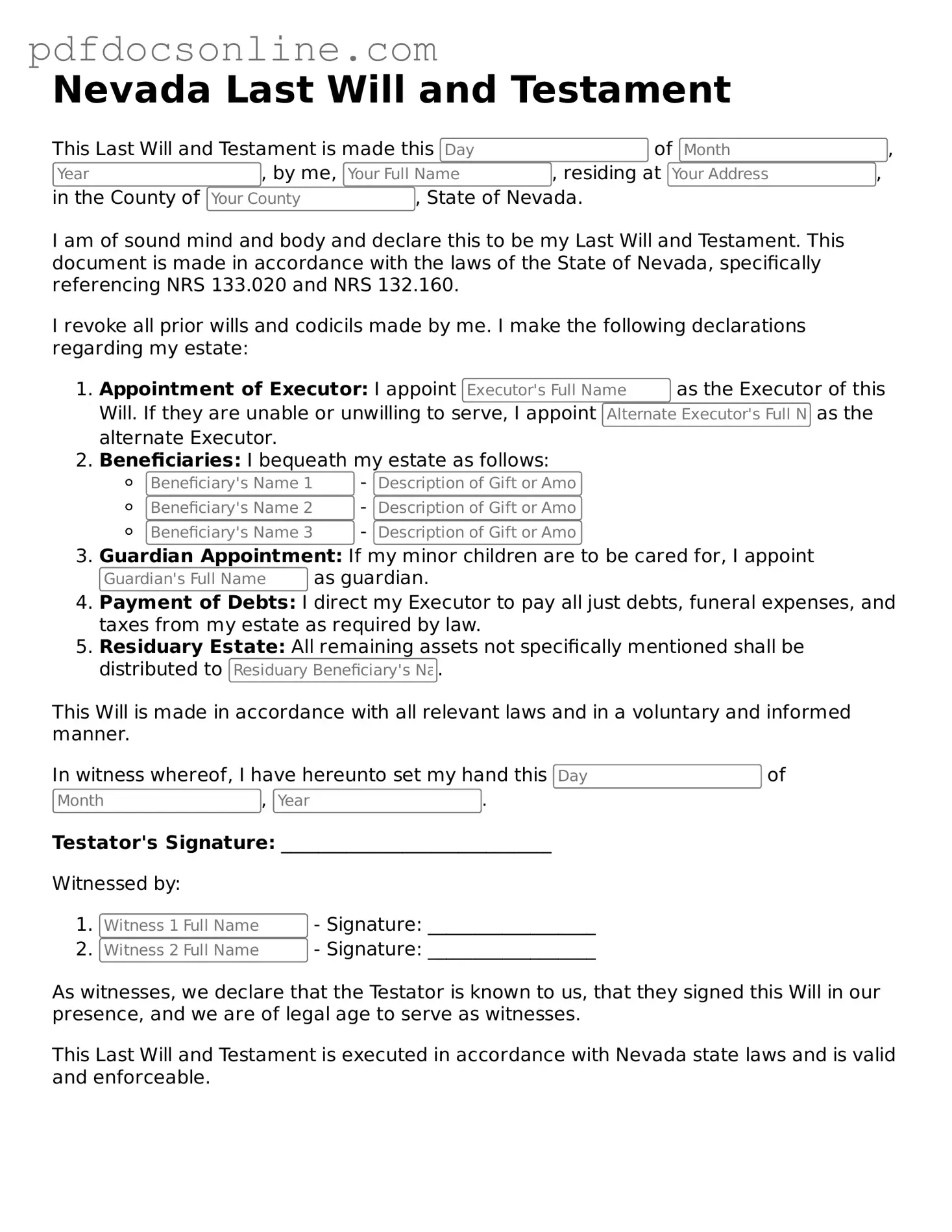 Attorney-Verified  Last Will and Testament Form for Nevada