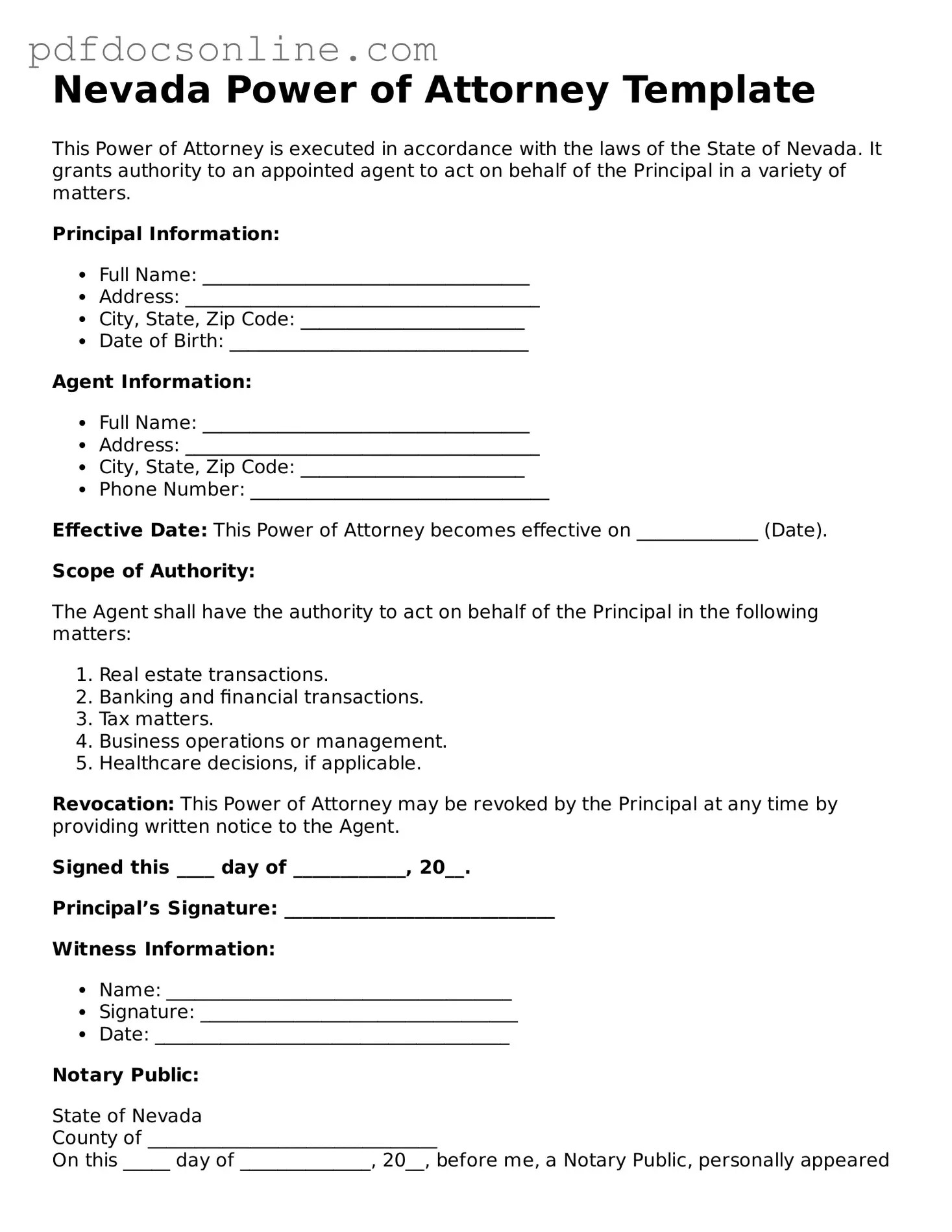 Attorney-Verified  Power of Attorney Form for Nevada