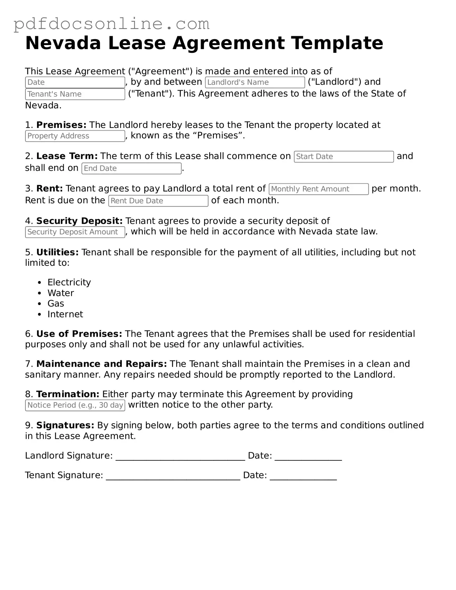 Attorney-Verified  Lease Agreement Form for Nevada