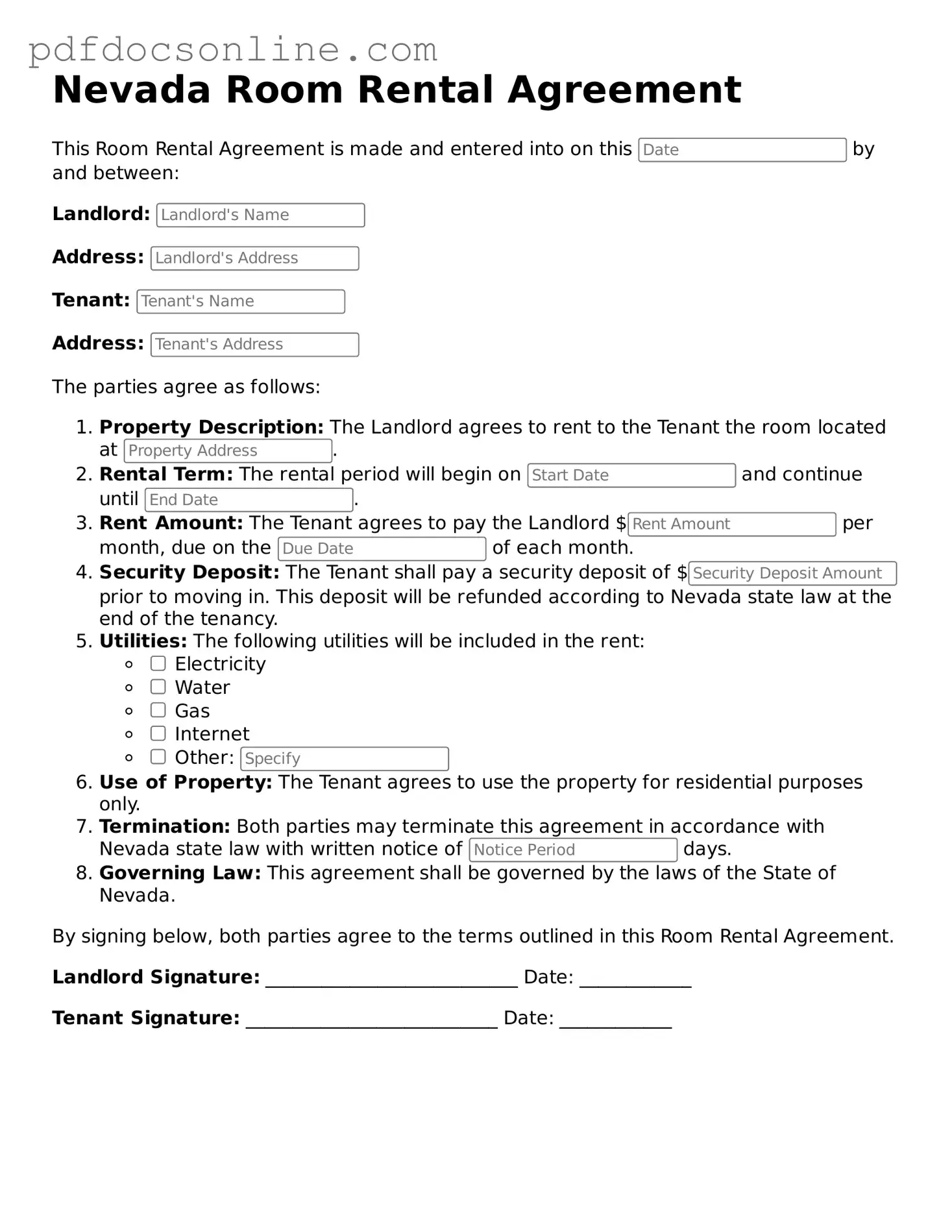 Attorney-Verified  Room Rental Agreement Form for Nevada