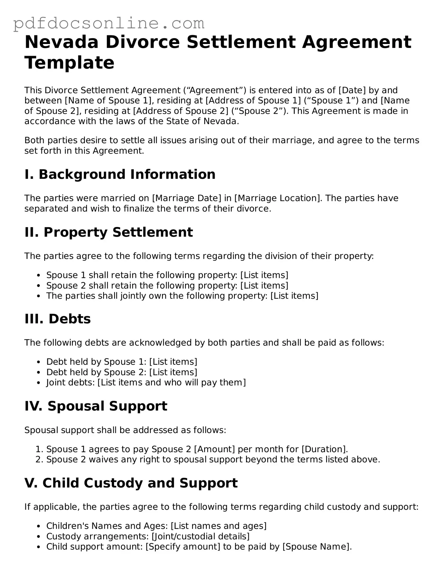 Attorney-Verified  Divorce Settlement Agreement Form for Nevada