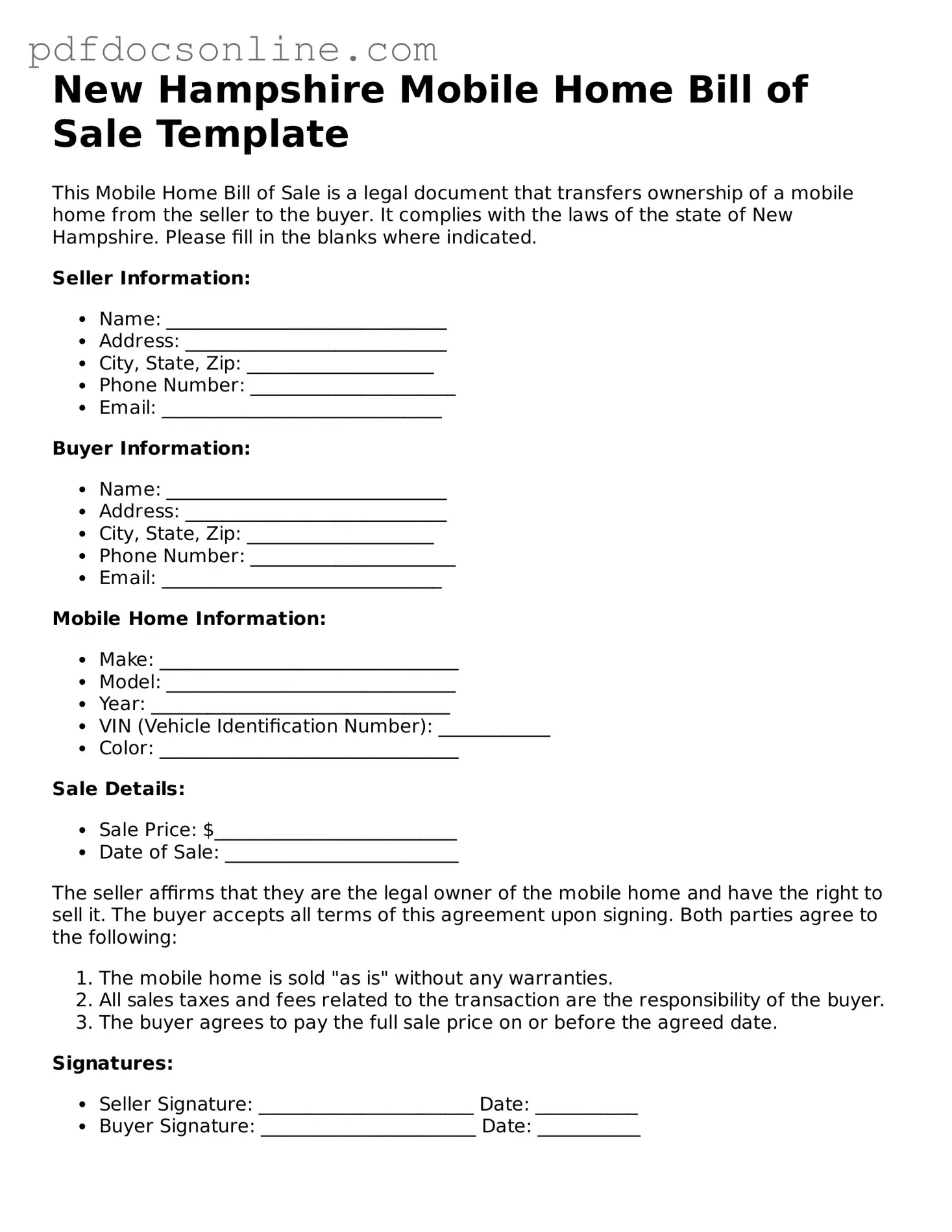 Attorney-Verified  Mobile Home Bill of Sale Form for New Hampshire