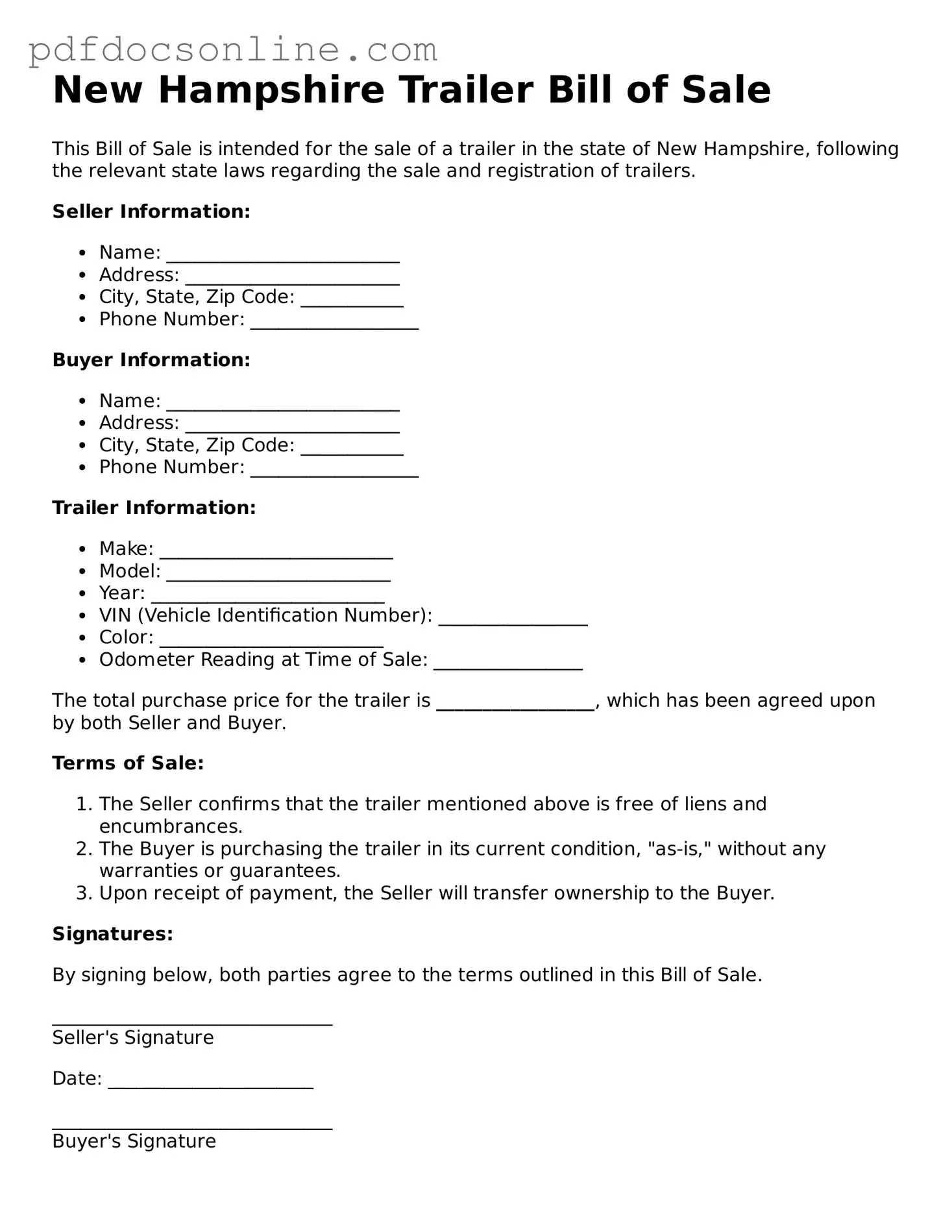 Attorney-Verified  Trailer Bill of Sale Form for New Hampshire