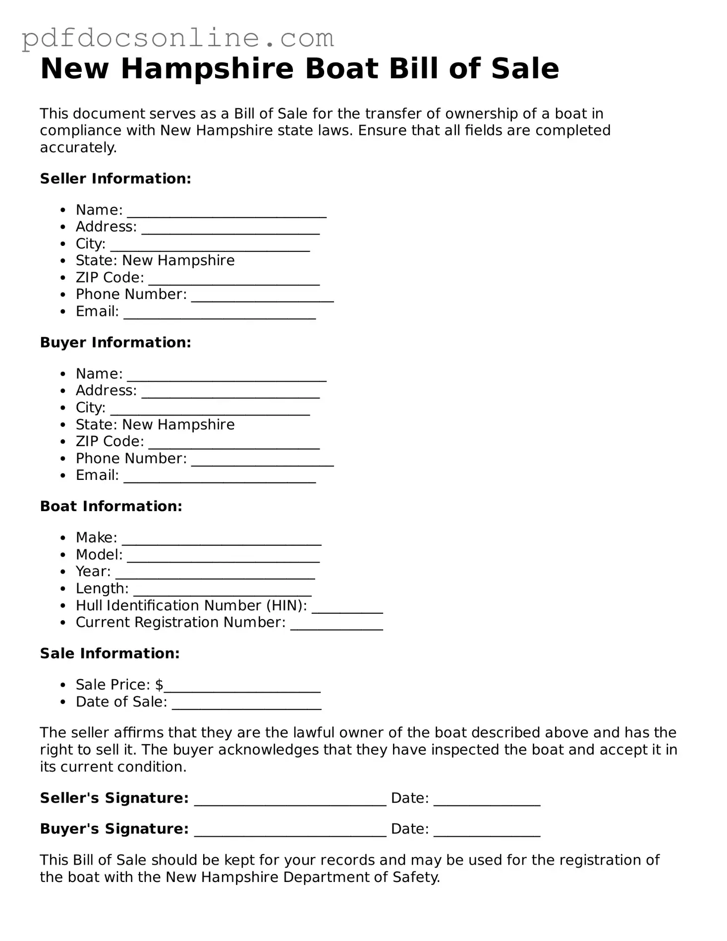 Attorney-Verified  Boat Bill of Sale Form for New Hampshire