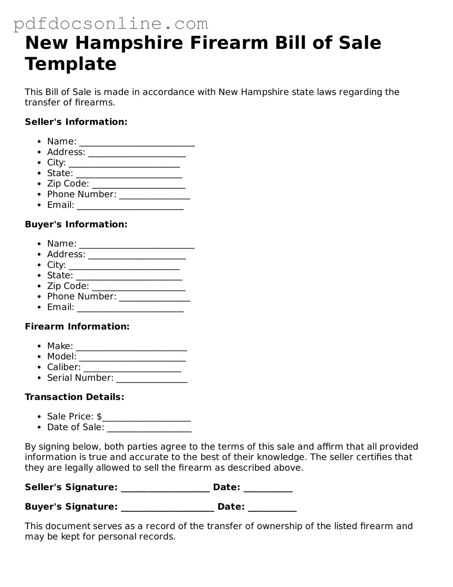 Attorney-Verified  Firearm Bill of Sale Form for New Hampshire