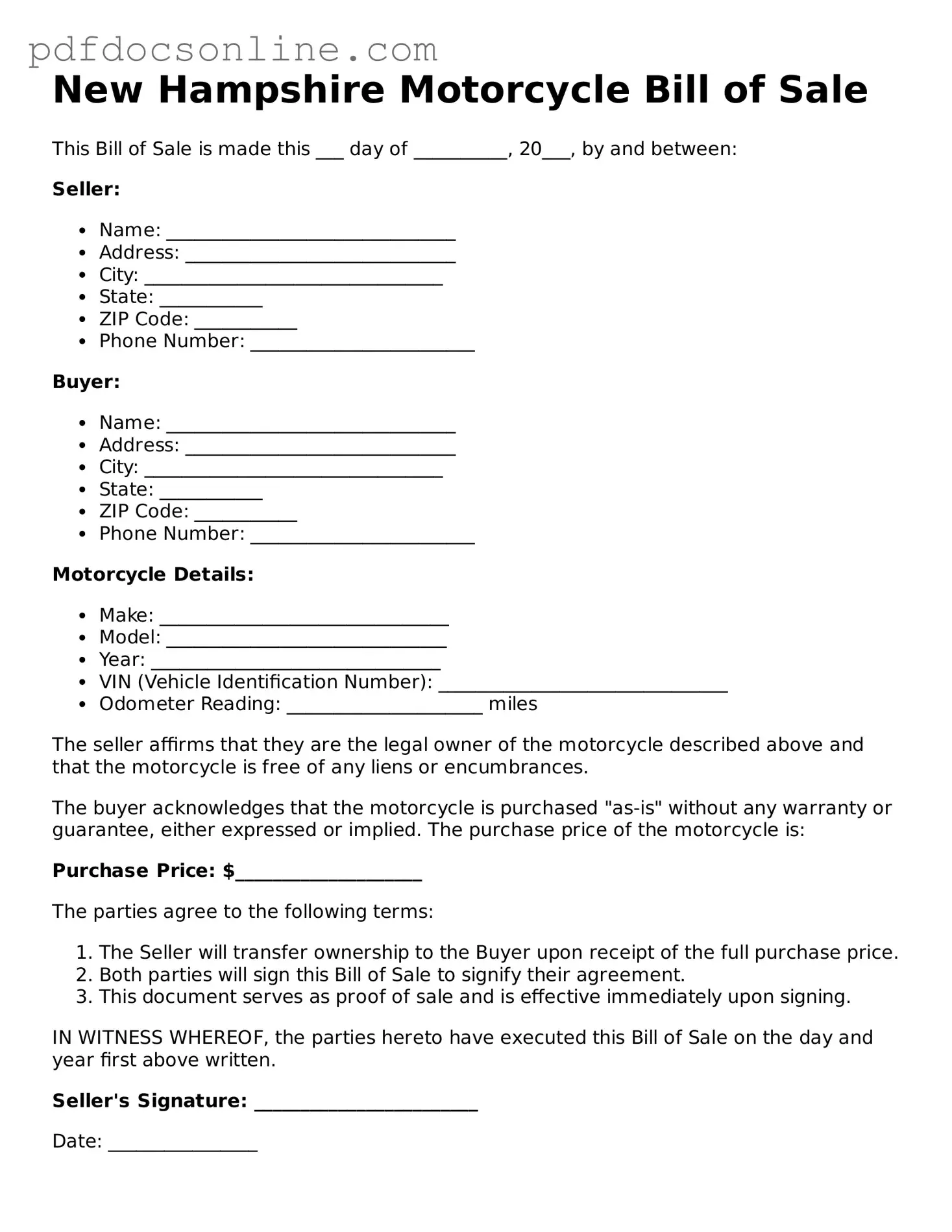 Attorney-Verified  Motorcycle Bill of Sale Form for New Hampshire