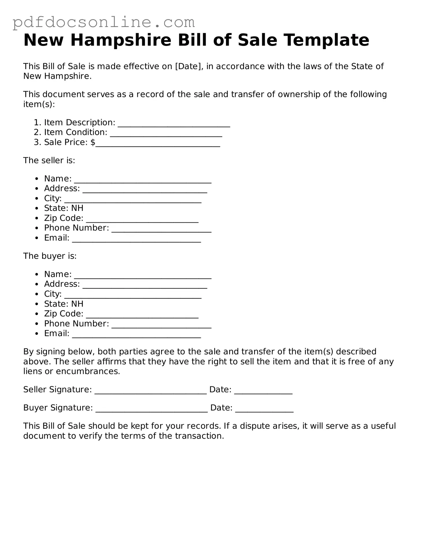 Attorney-Verified  Bill of Sale Form for New Hampshire