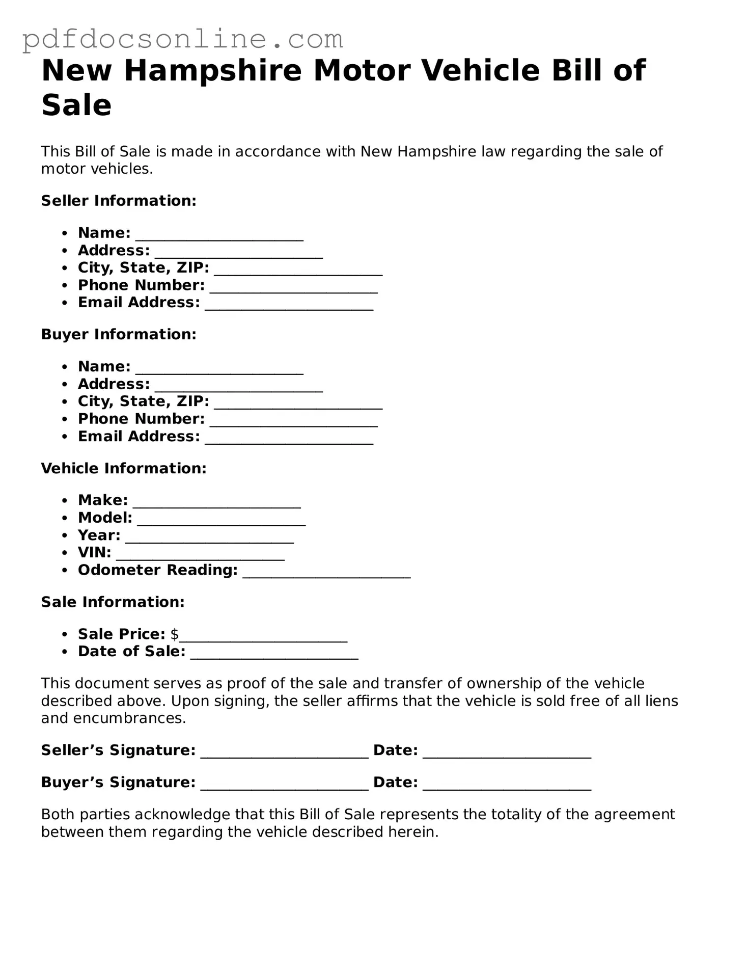 Attorney-Verified  Motor Vehicle Bill of Sale Form for New Hampshire