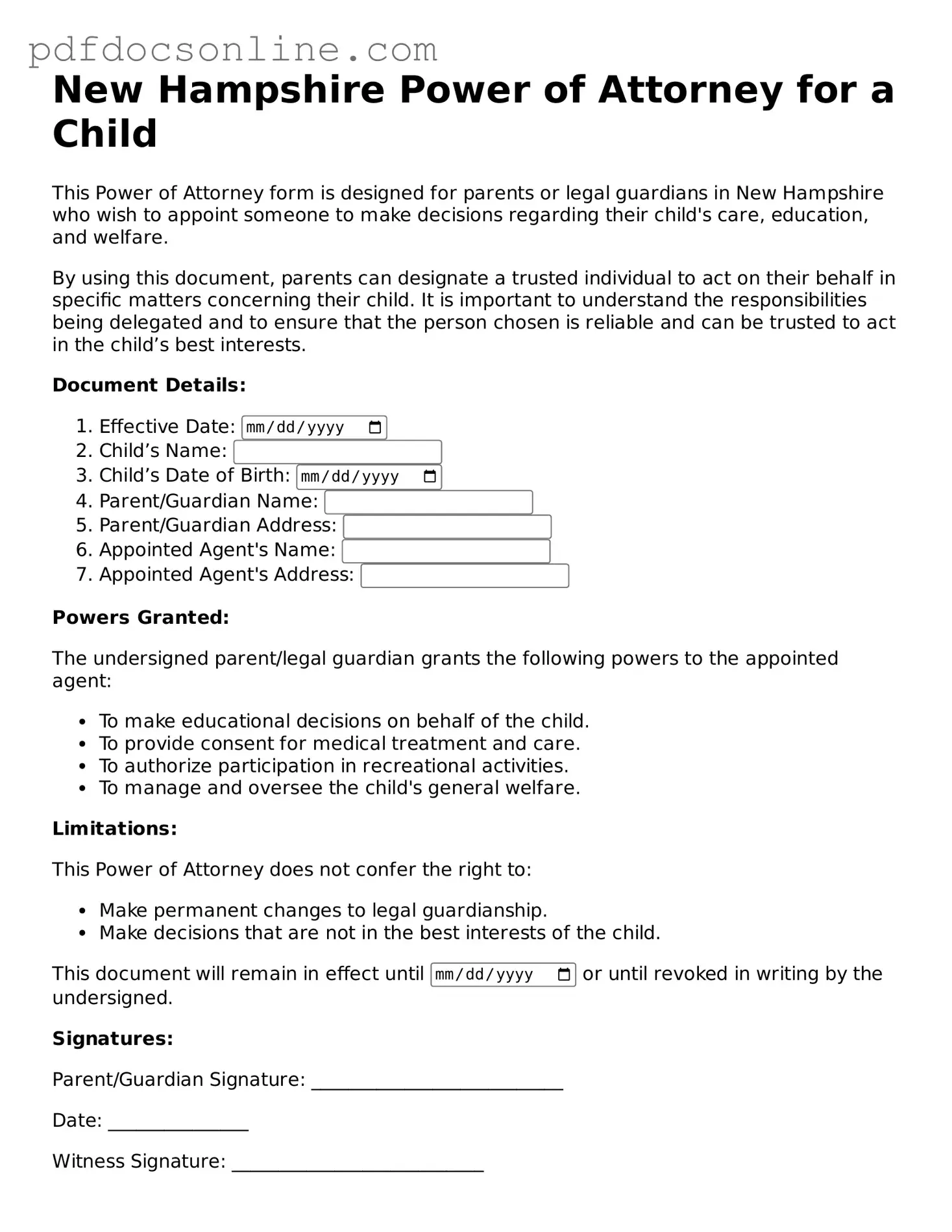 Attorney-Verified  Power of Attorney for a Child Form for New Hampshire