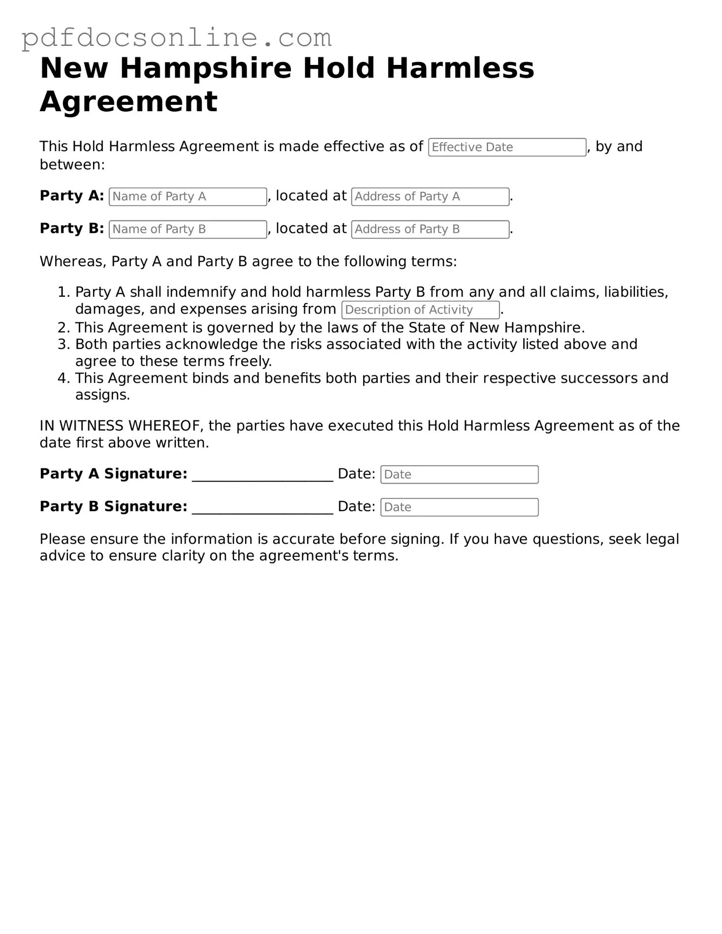 Attorney-Verified  Hold Harmless Agreement Form for New Hampshire