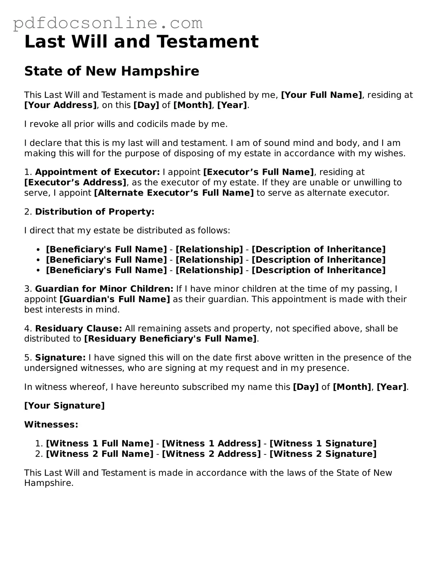Attorney-Verified  Last Will and Testament Form for New Hampshire