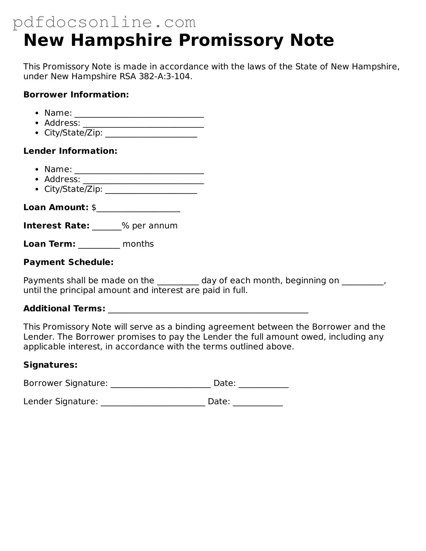 Attorney-Verified  Promissory Note Form for New Hampshire