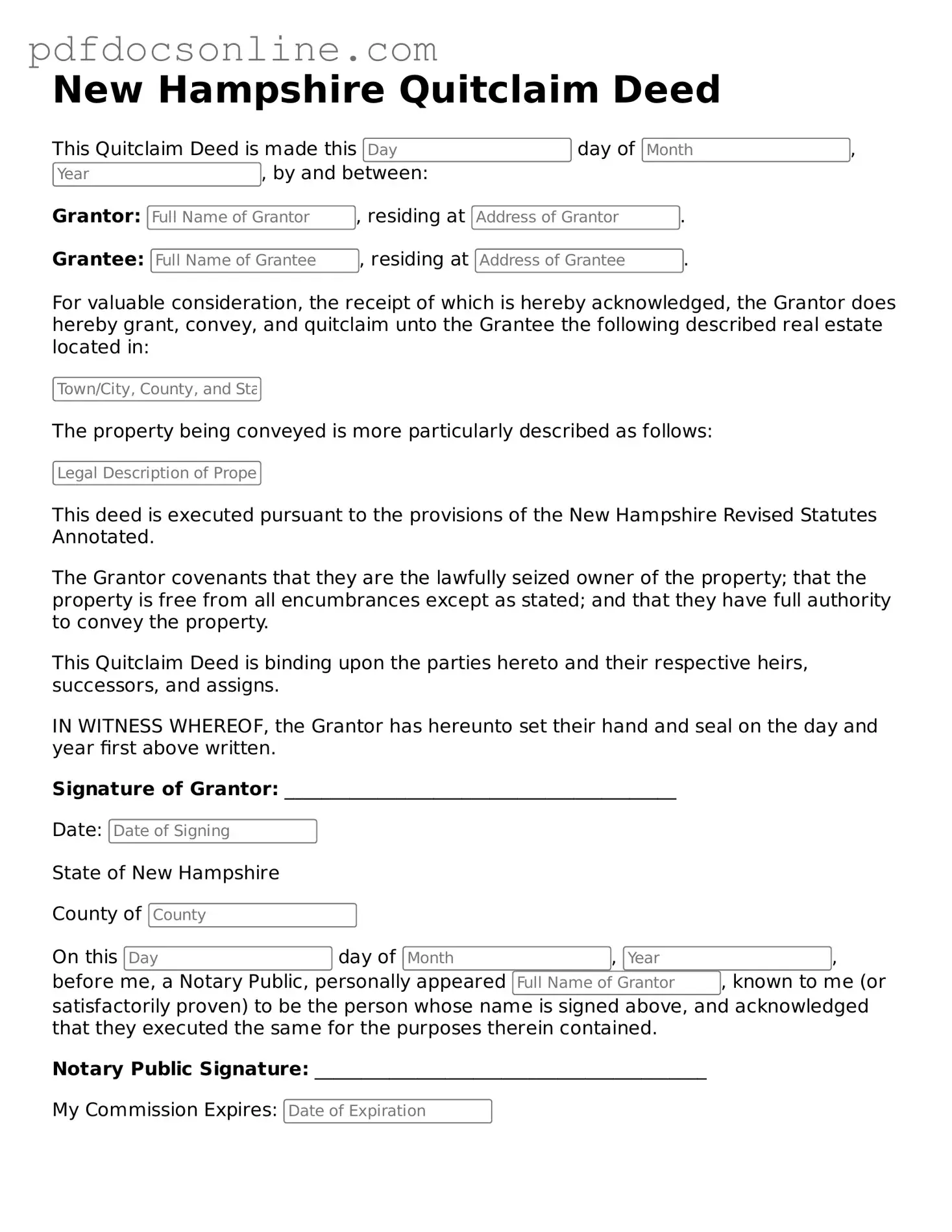 Attorney-Verified  Quitclaim Deed Form for New Hampshire