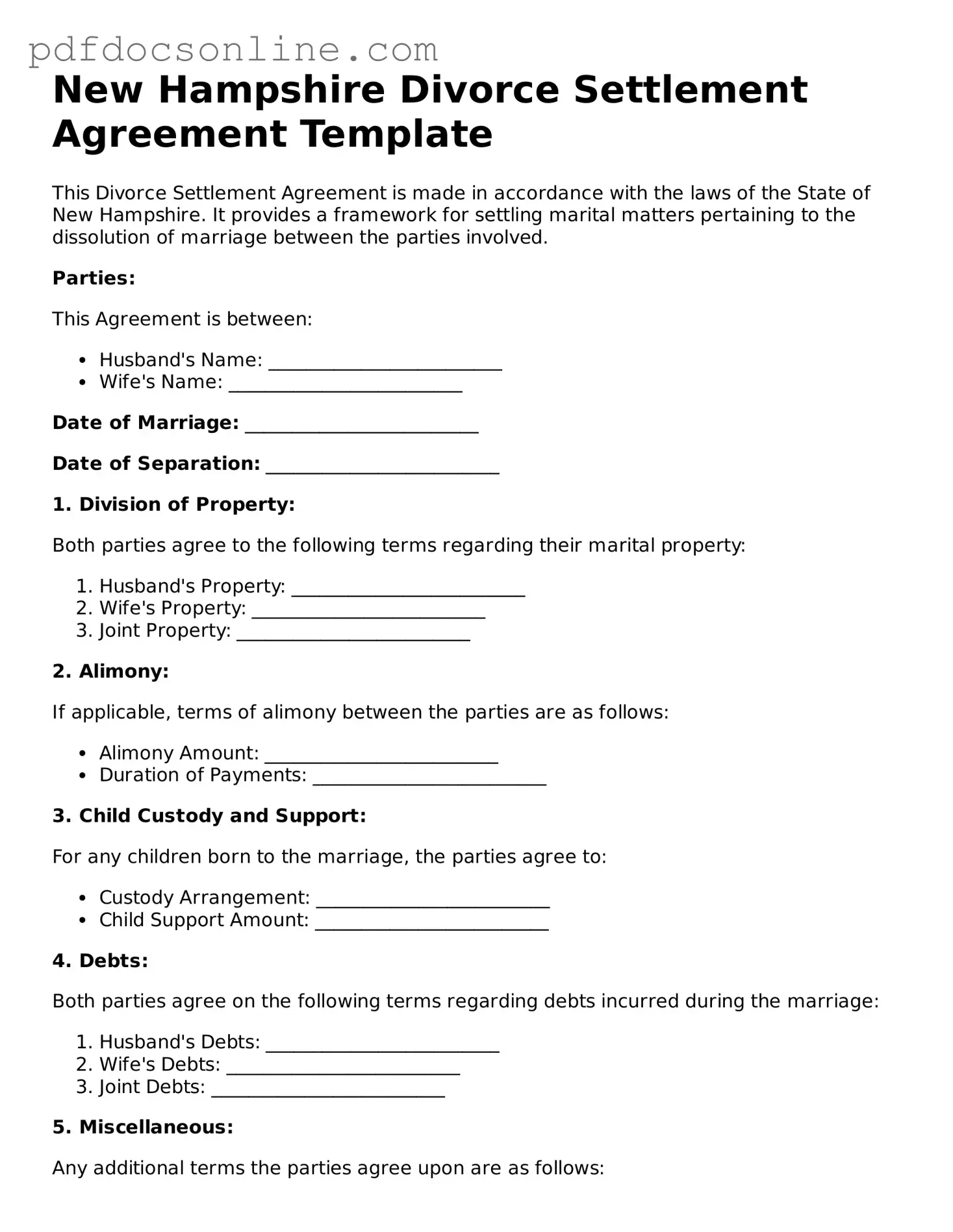 Attorney-Verified  Divorce Settlement Agreement Form for New Hampshire