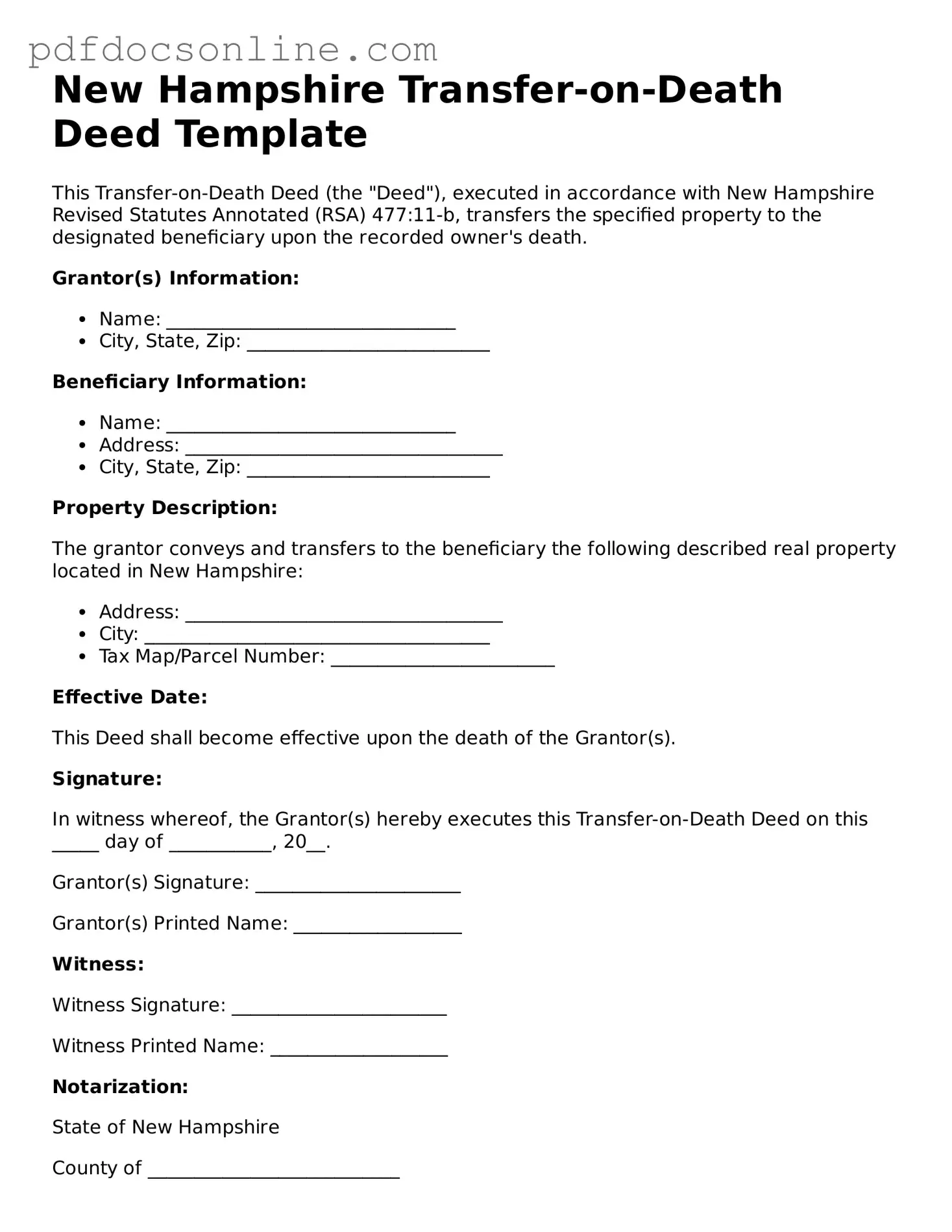 Attorney-Verified  Transfer-on-Death Deed Form for New Hampshire