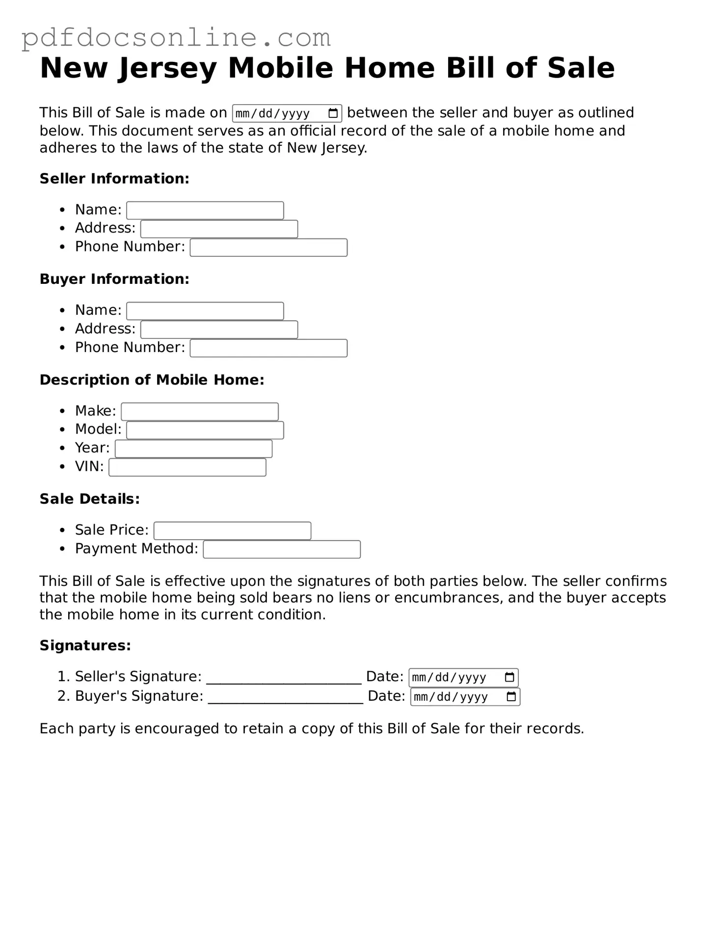 Attorney-Verified  Mobile Home Bill of Sale Form for New Jersey