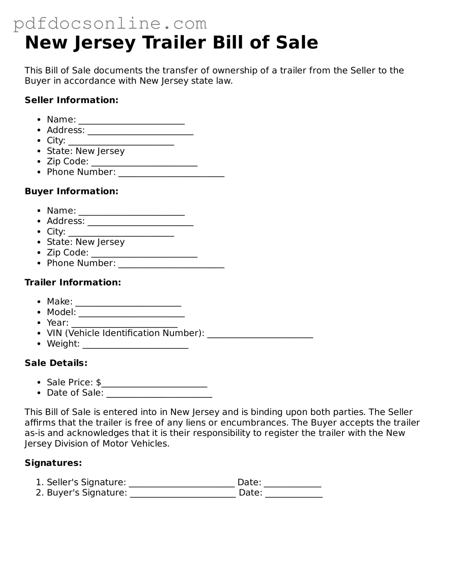 Attorney-Verified  Trailer Bill of Sale Form for New Jersey