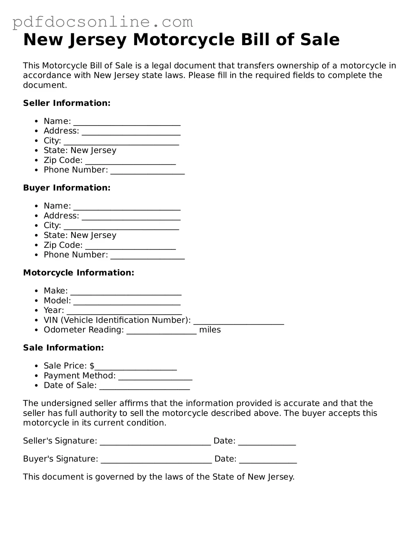 Attorney-Verified  Motorcycle Bill of Sale Form for New Jersey