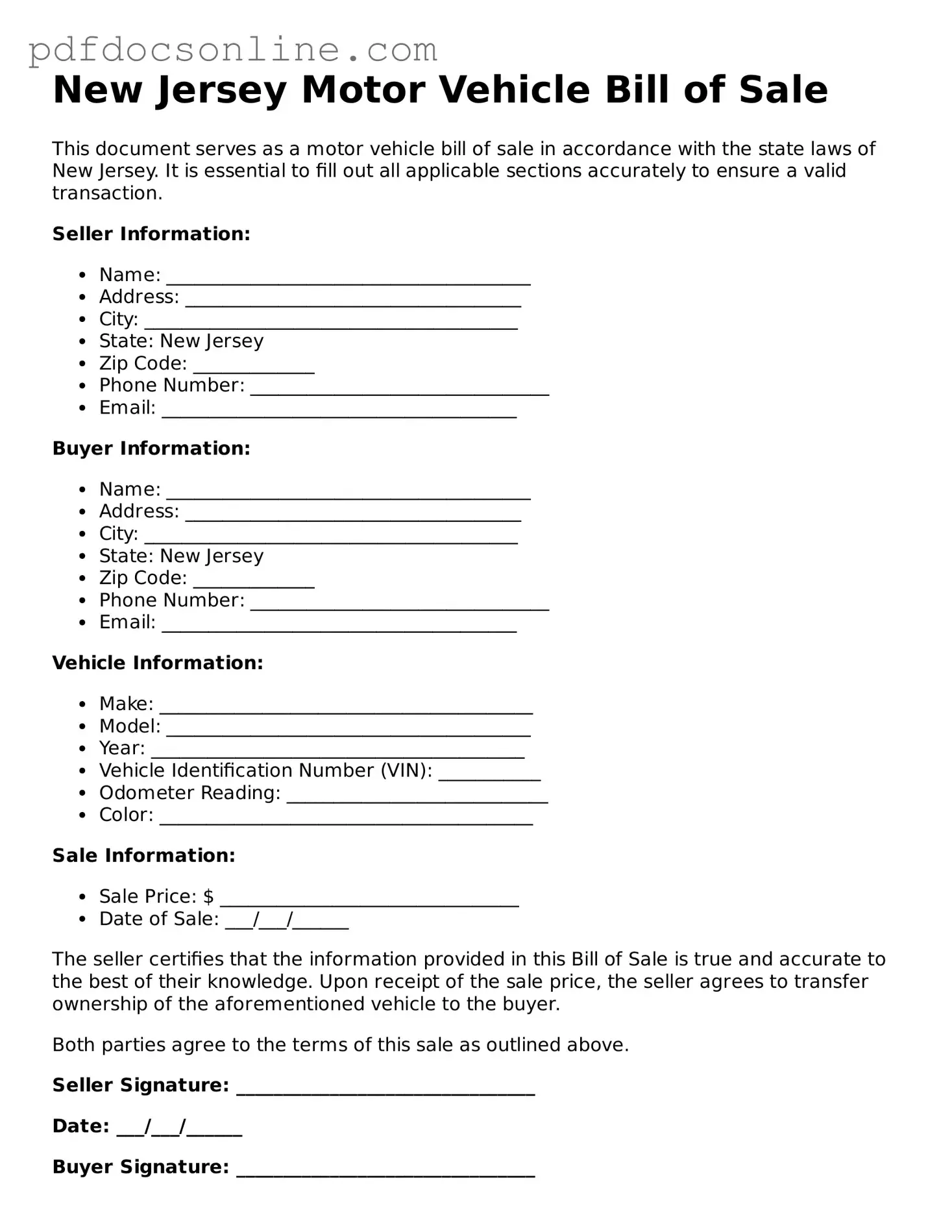 Attorney-Verified  Motor Vehicle Bill of Sale Form for New Jersey