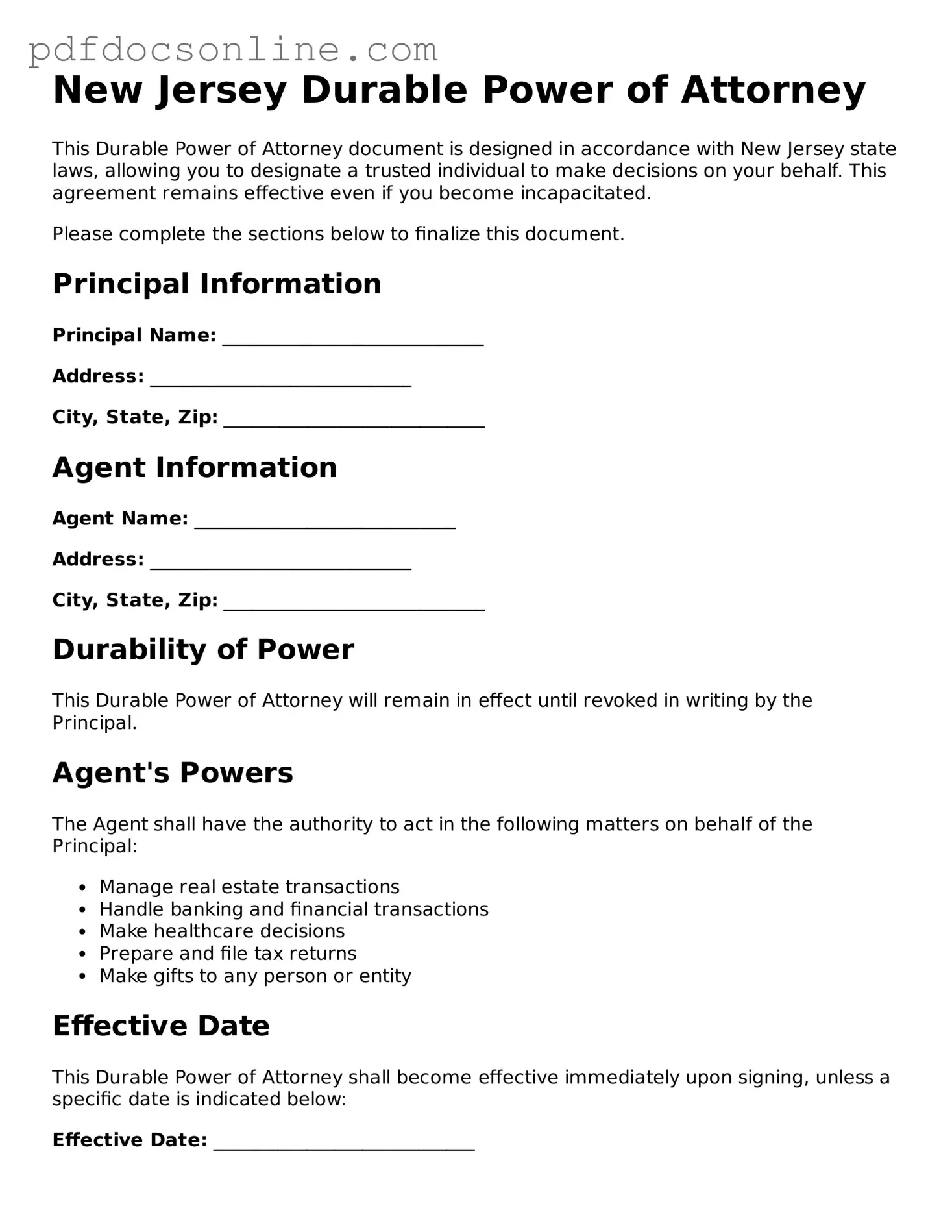 Attorney-Verified  Durable Power of Attorney Form for New Jersey
