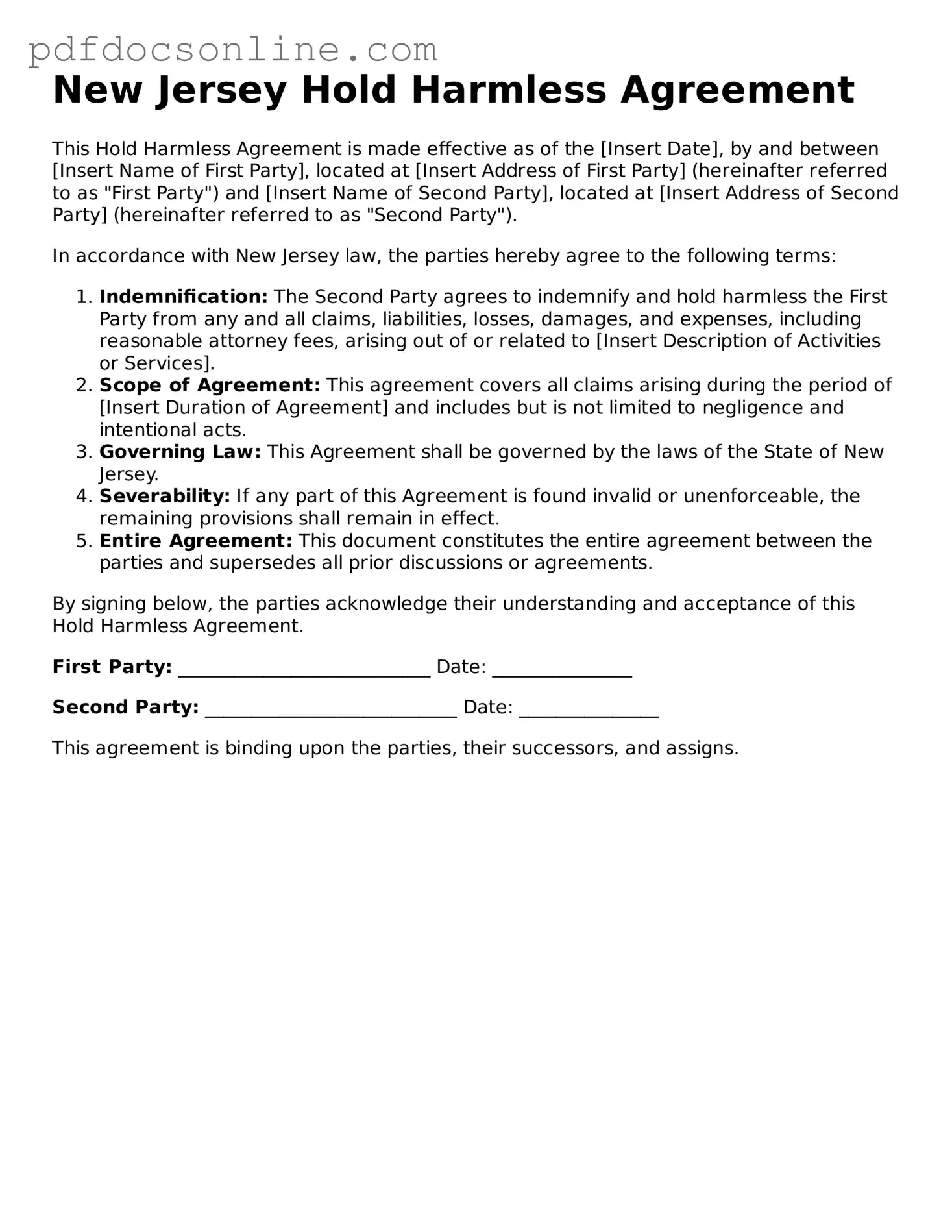 Attorney-Verified  Hold Harmless Agreement Form for New Jersey