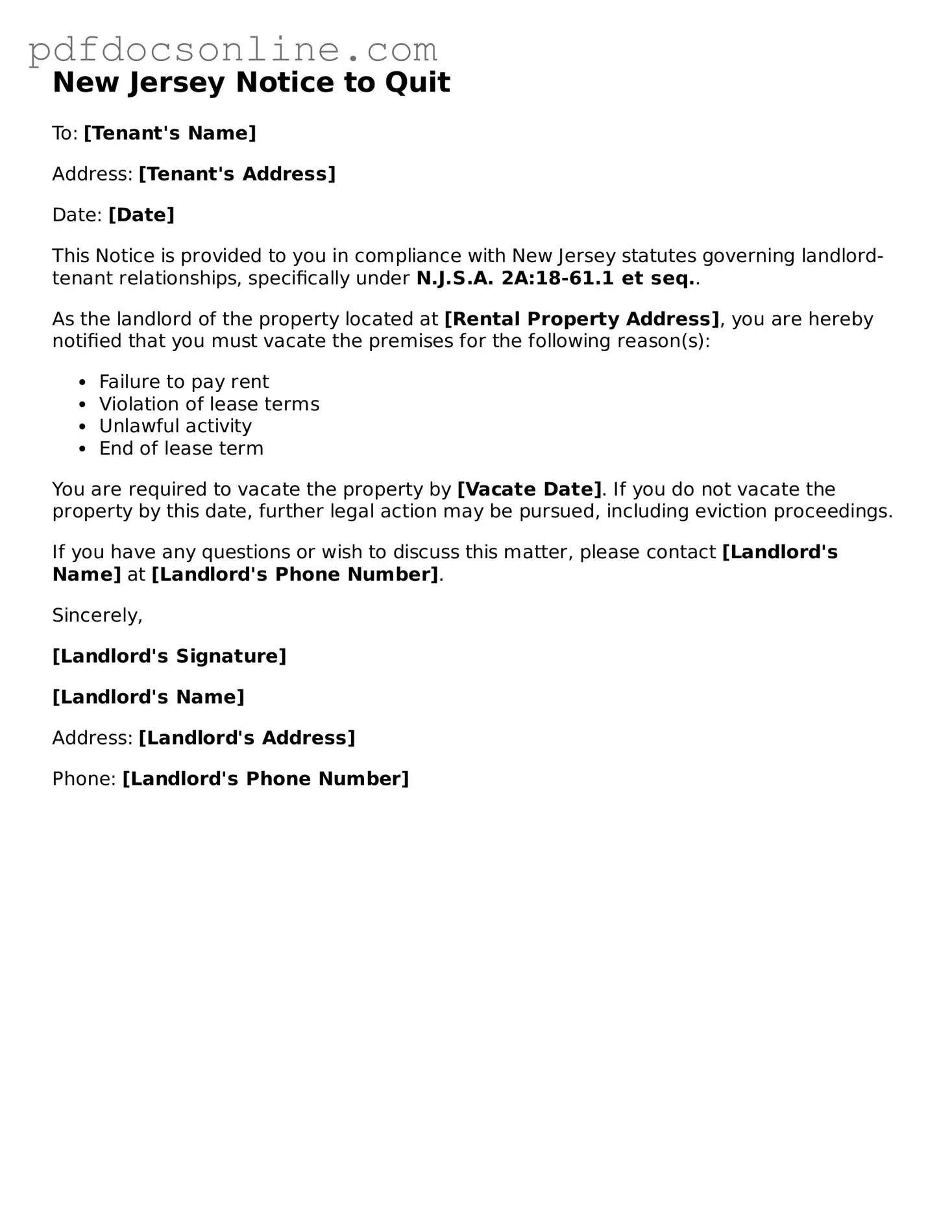 Attorney-Verified  Notice to Quit Form for New Jersey