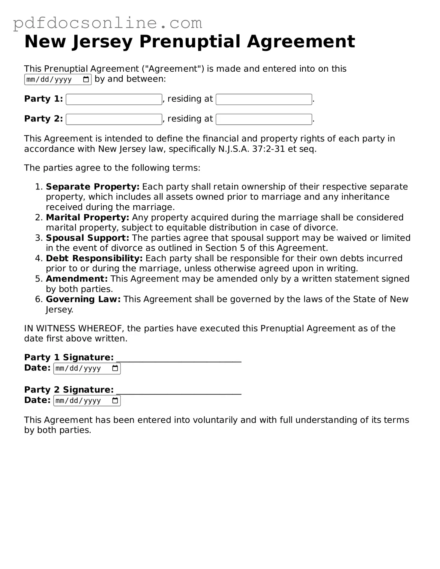 Attorney-Verified  Prenuptial Agreement Form for New Jersey