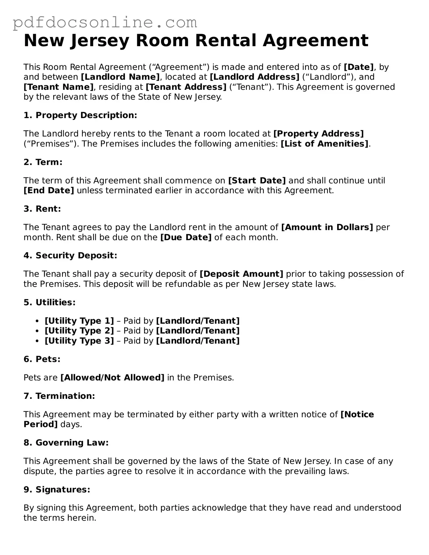 Attorney-Verified  Room Rental Agreement Form for New Jersey