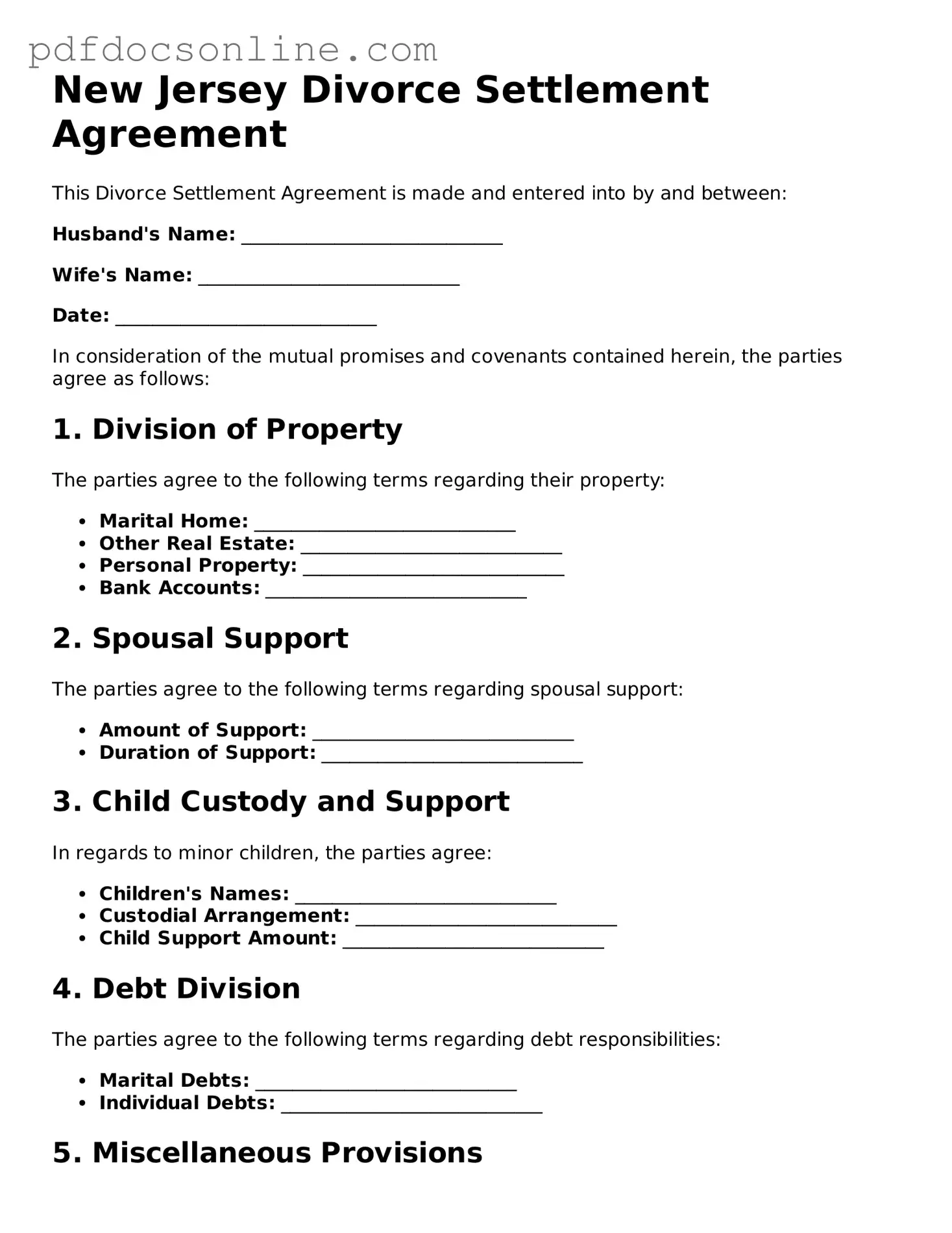 Attorney-Verified  Divorce Settlement Agreement Form for New Jersey