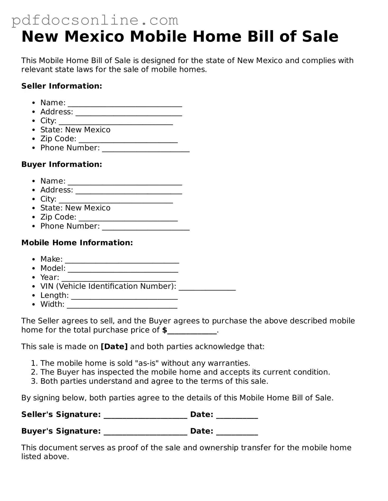 Attorney-Verified  Mobile Home Bill of Sale Form for New Mexico
