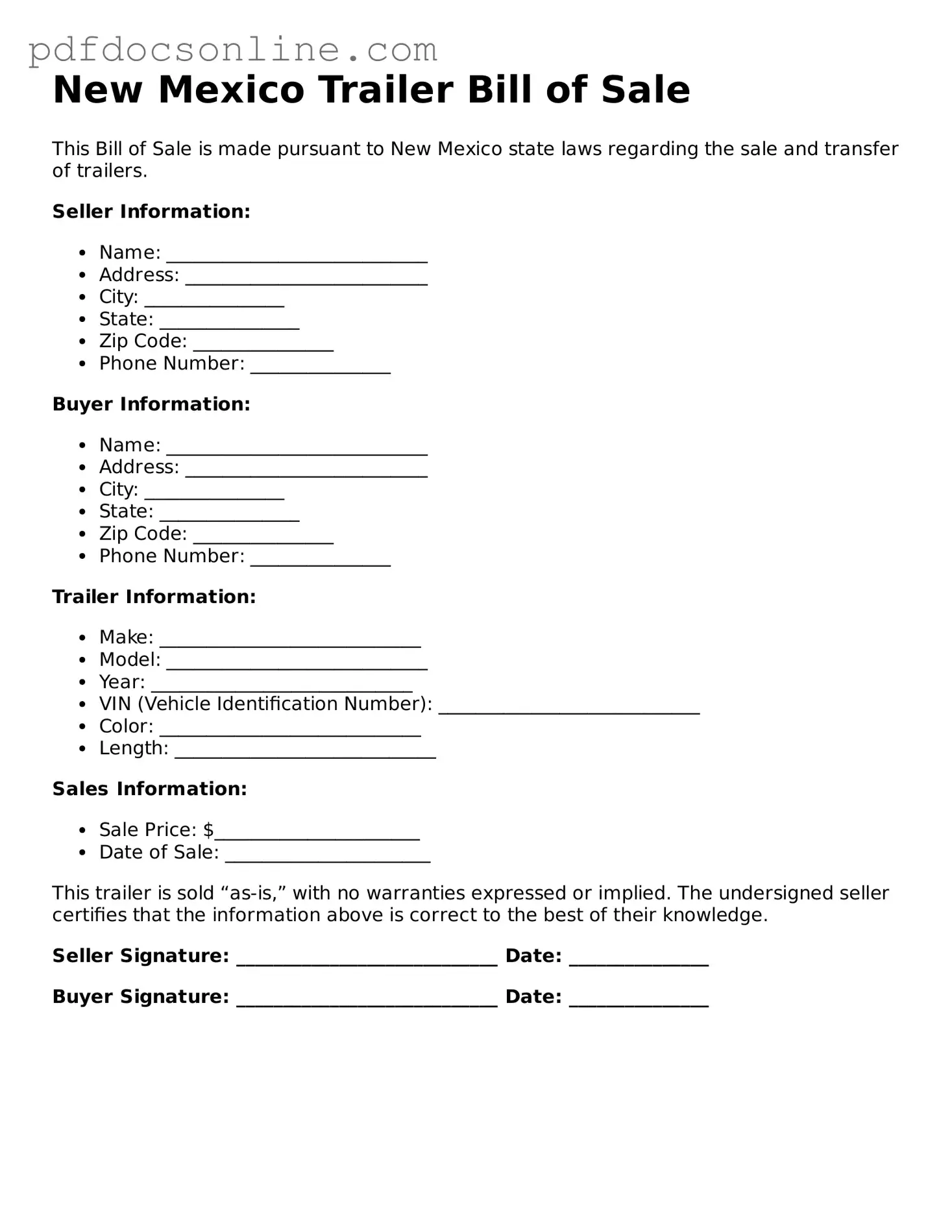 Attorney-Verified  Trailer Bill of Sale Form for New Mexico